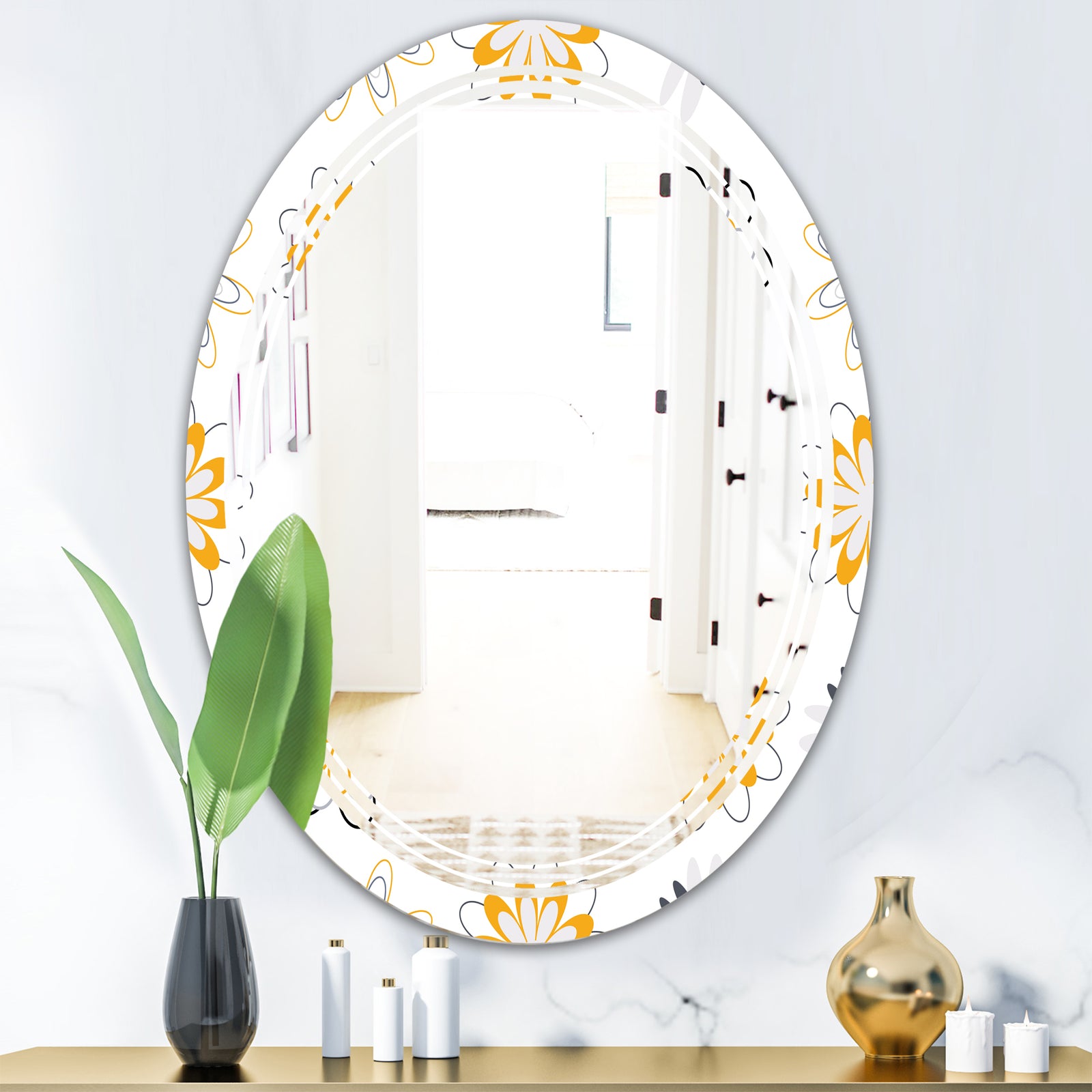 Retro Floral Pattern VIII - Modern Round or Oval Wall Mirror - Triple C