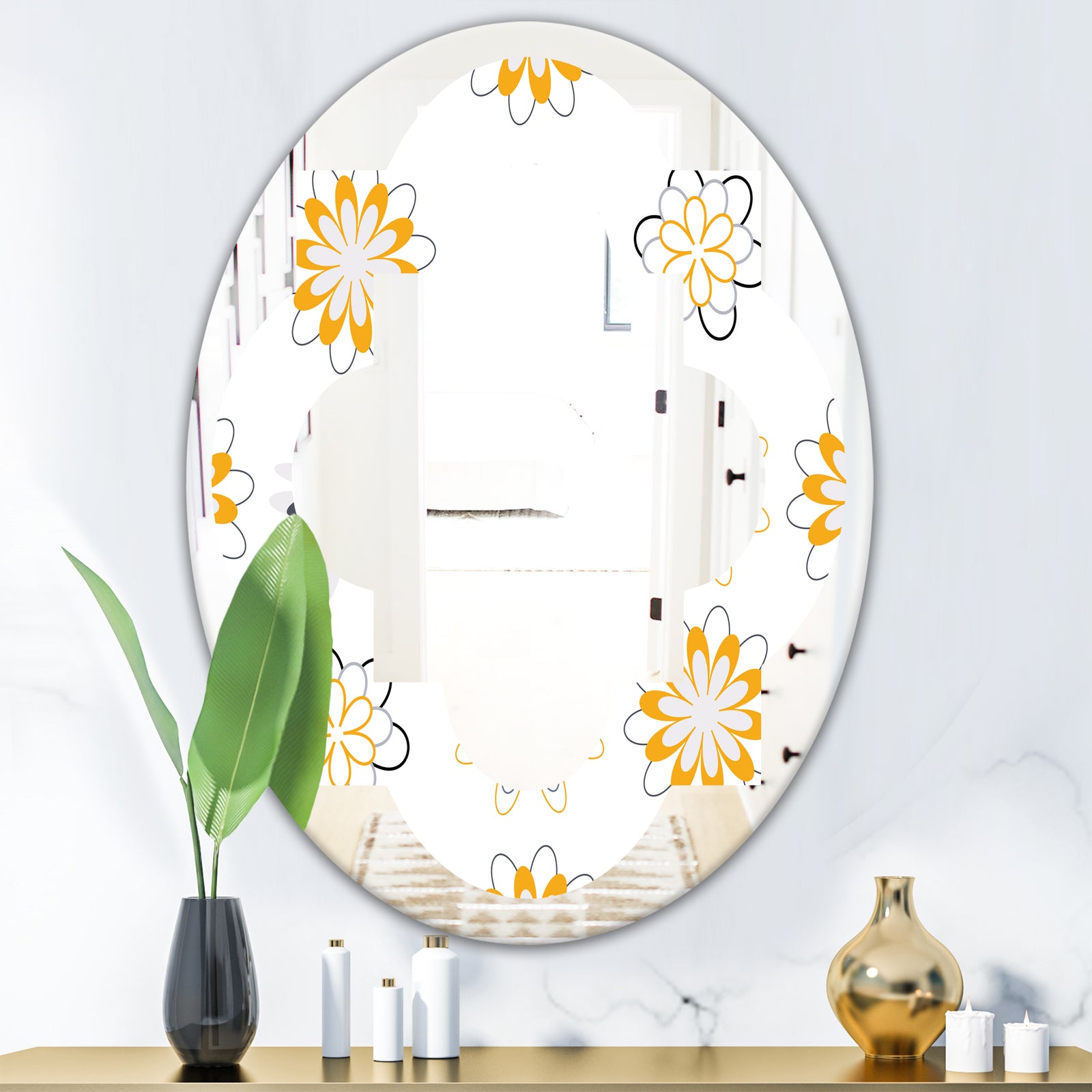 Retro Floral Pattern VIII - Modern Round or Oval Wall Mirror - Quatrefoil