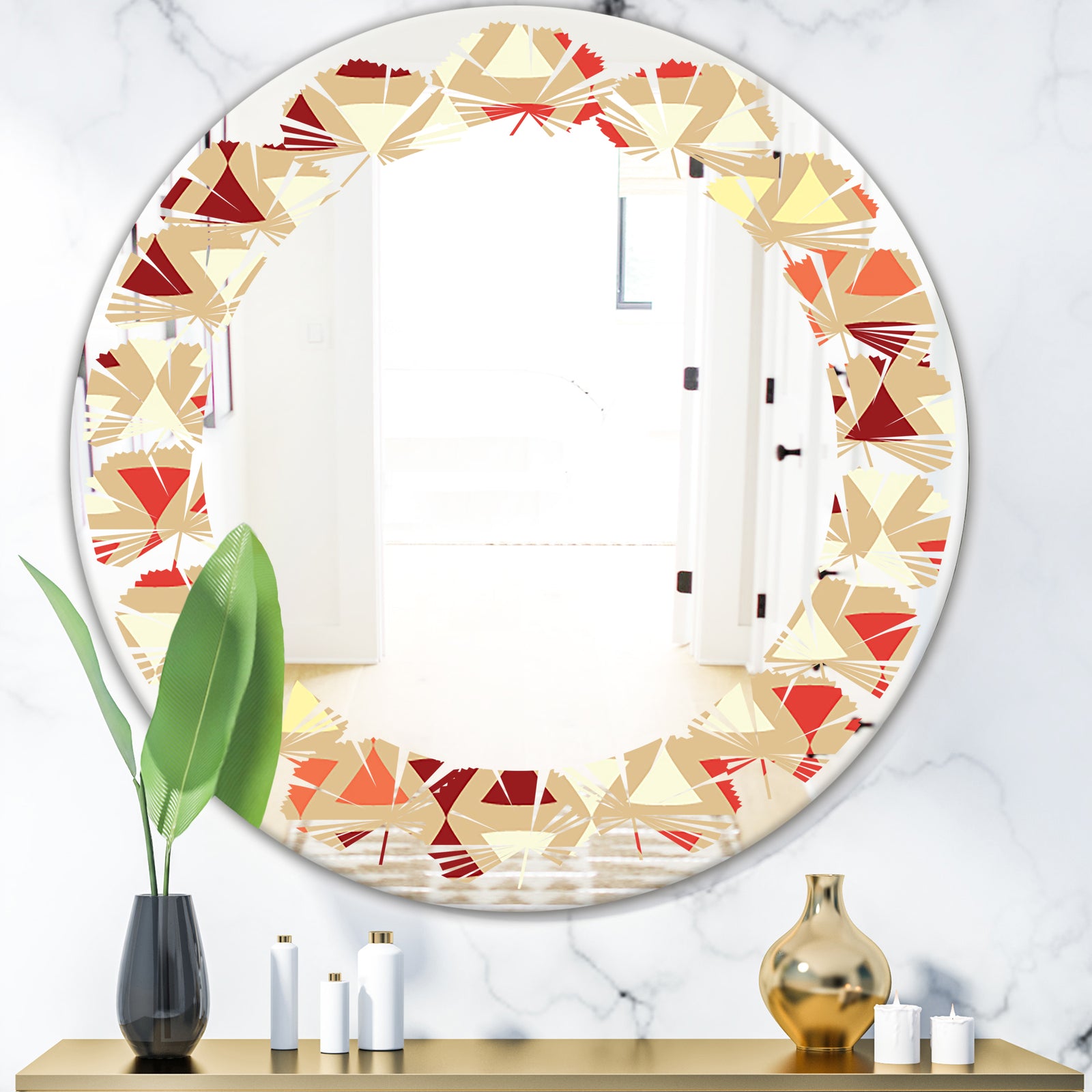 Triangular Retro Design IX - Modern Round or Oval Wall Mirror - Leaves