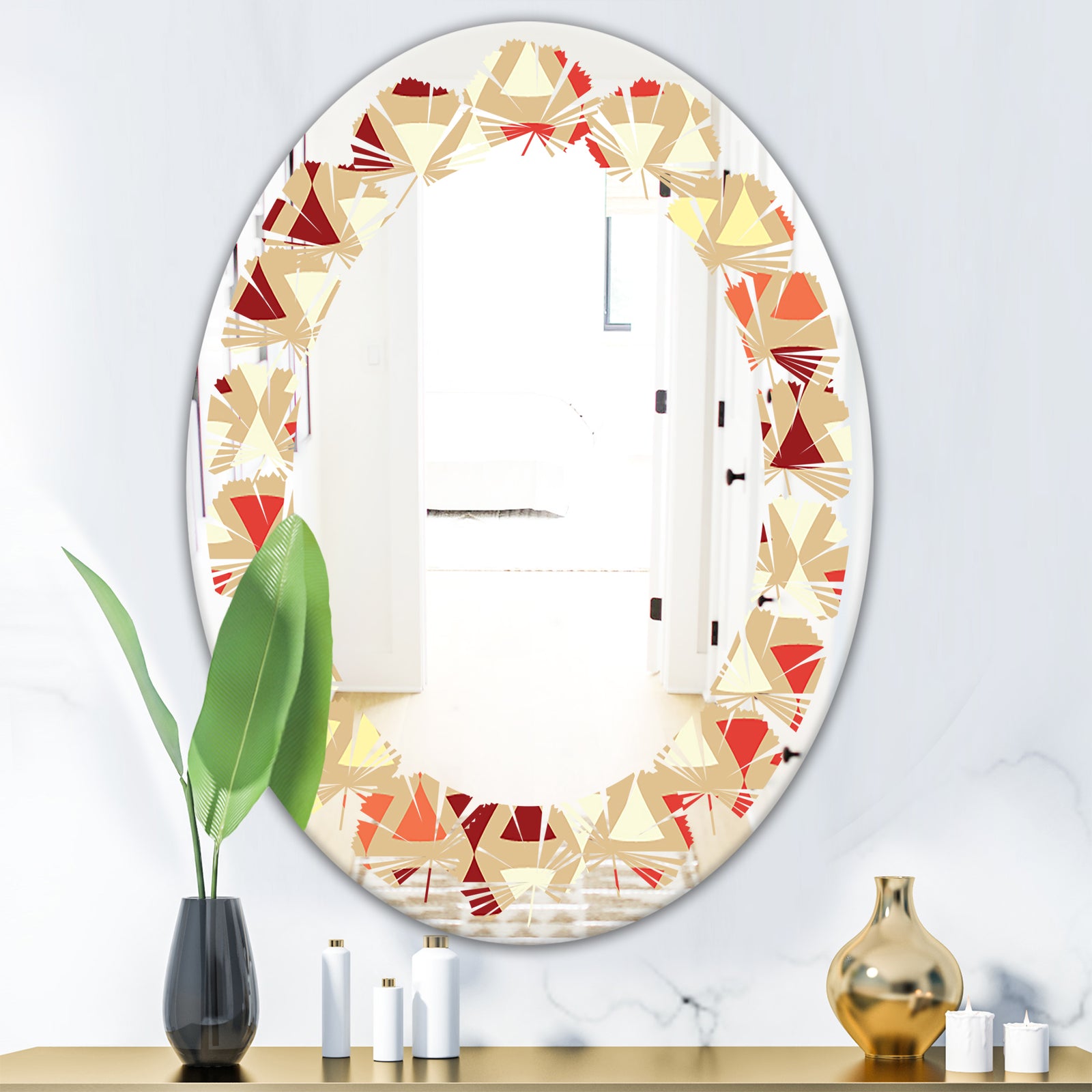 Triangular Retro Design IX - Modern Round or Oval Wall Mirror - Leaves
