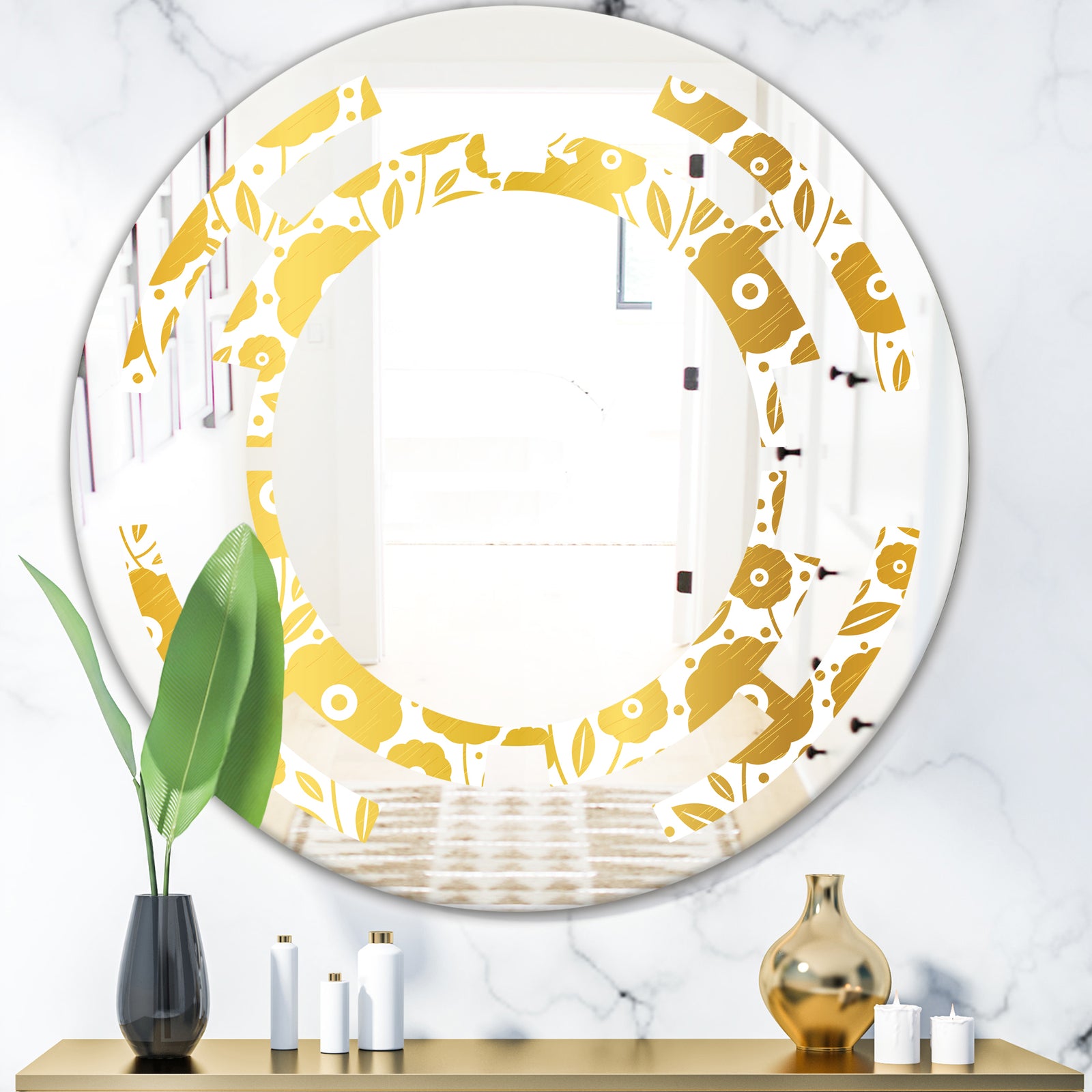 Golden Floral I - Modern Round or Oval Wall Mirror - Space