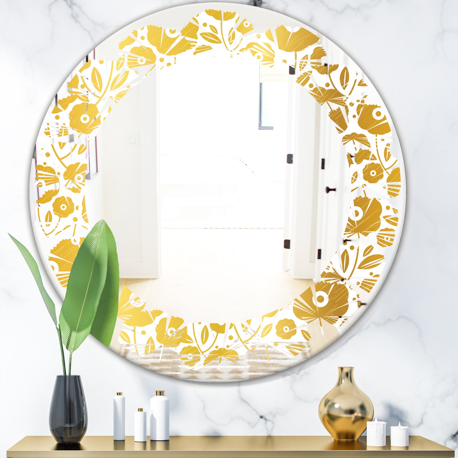 Golden Floral I - Modern Round or Oval Wall Mirror - Leaves