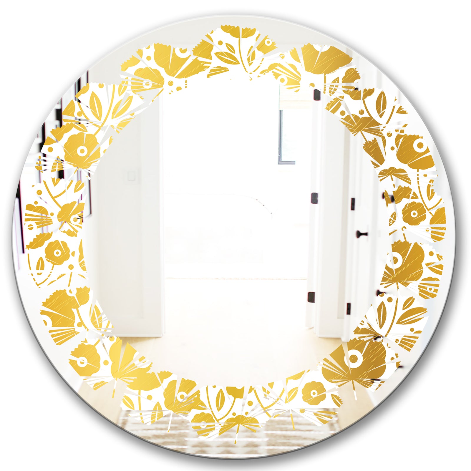 Golden Floral I - Modern Round or Oval Wall Mirror - Leaves