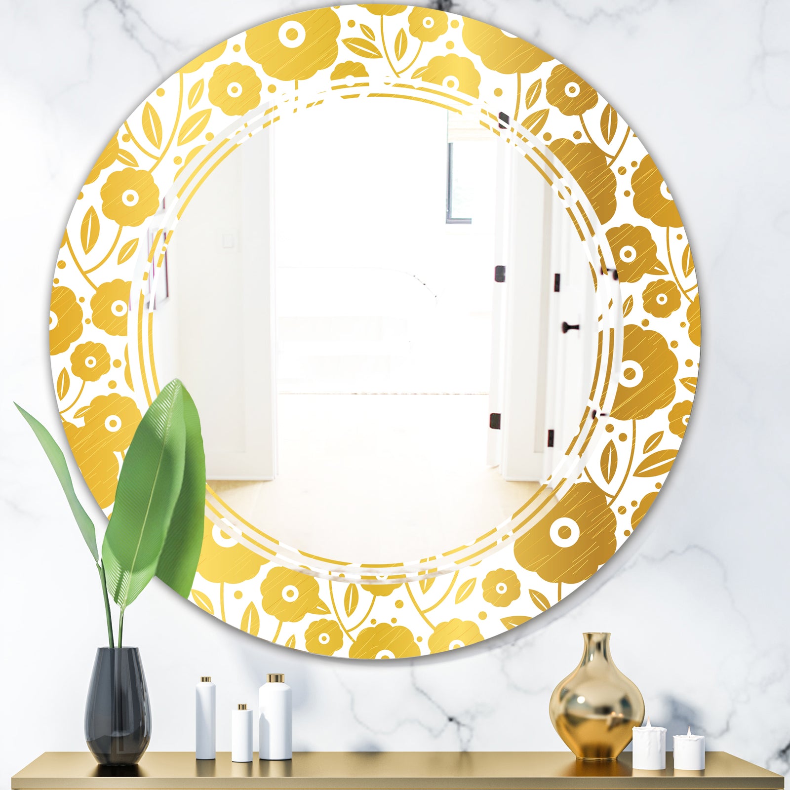 Golden Floral I - Modern Round or Oval Wall Mirror - Triple C