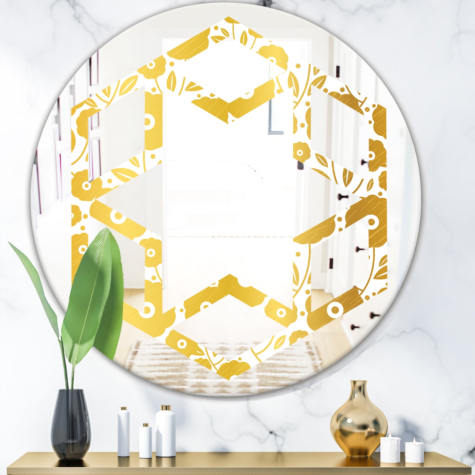 Golden Floral I - Modern Round or Oval Wall Mirror - Hexagon Star