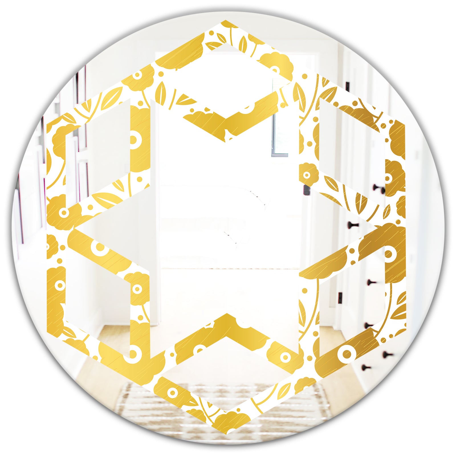 Golden Floral I - Modern Round or Oval Wall Mirror - Hexagon Star