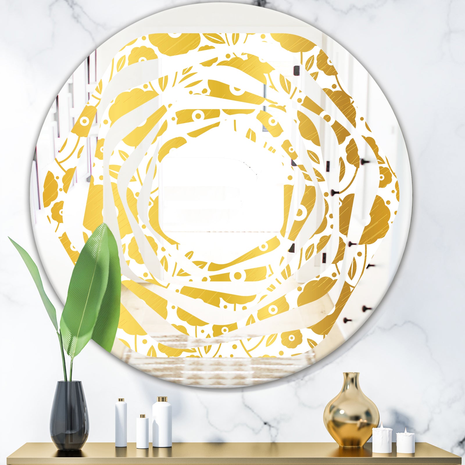 Golden Floral I - Modern Round or Oval Wall Mirror - Whirl