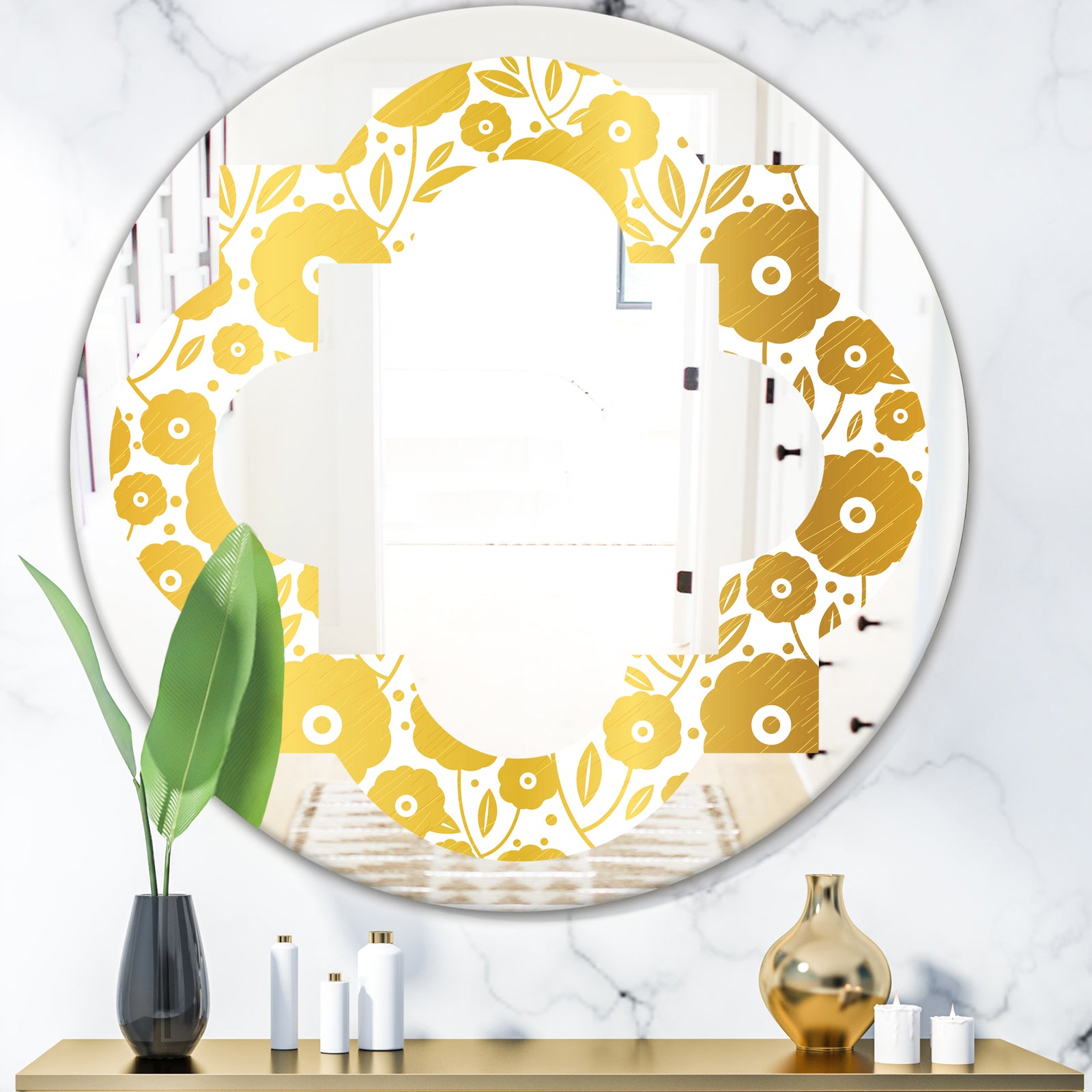 Golden Floral I - Modern Round or Oval Wall Mirror - Quatrefoil