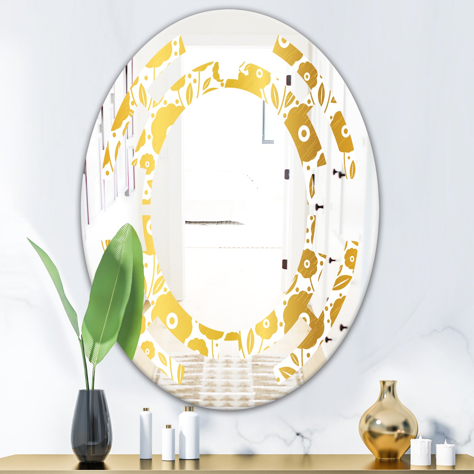 Golden Floral I - Modern Round or Oval Wall Mirror - Space