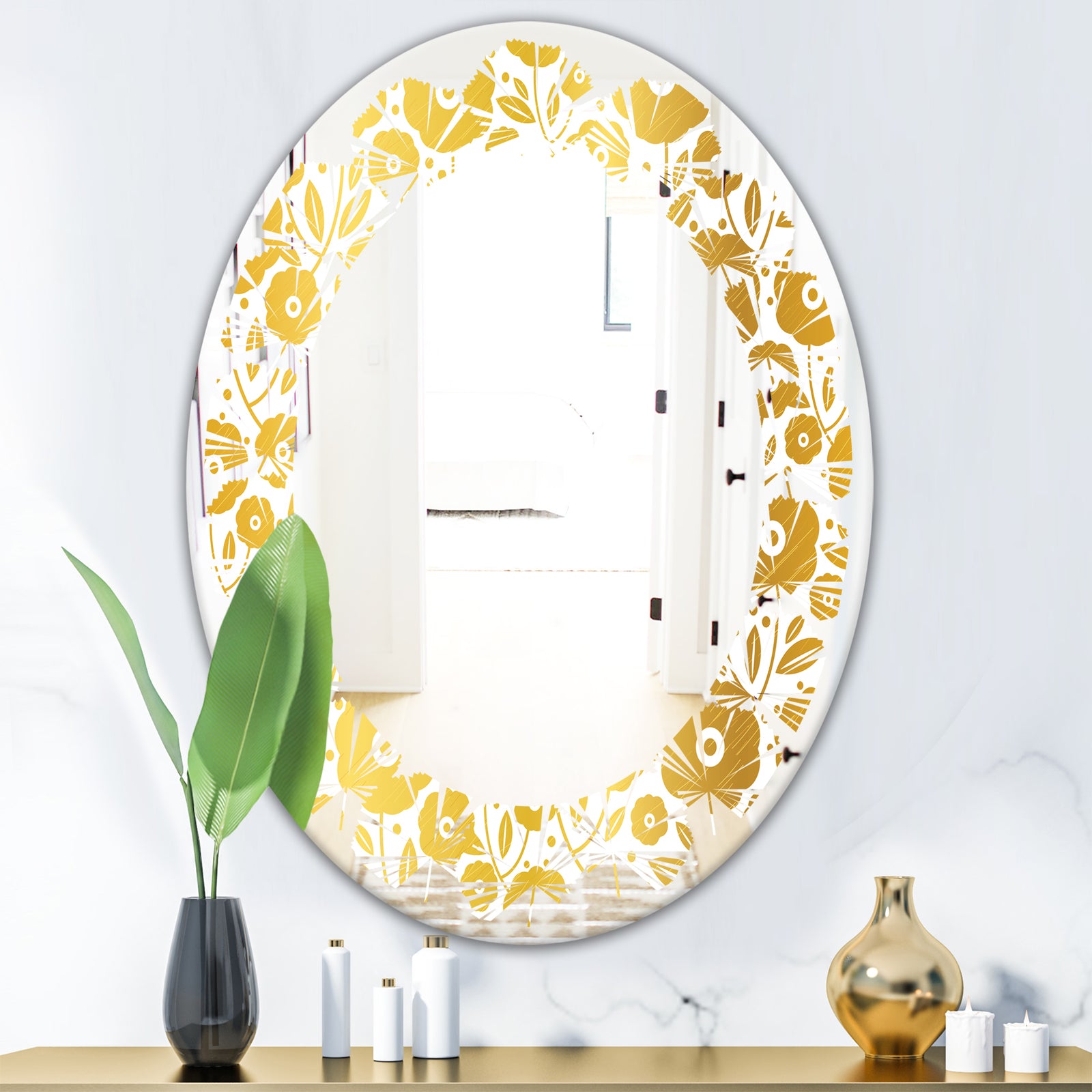 Golden Floral I - Modern Round or Oval Wall Mirror - Leaves