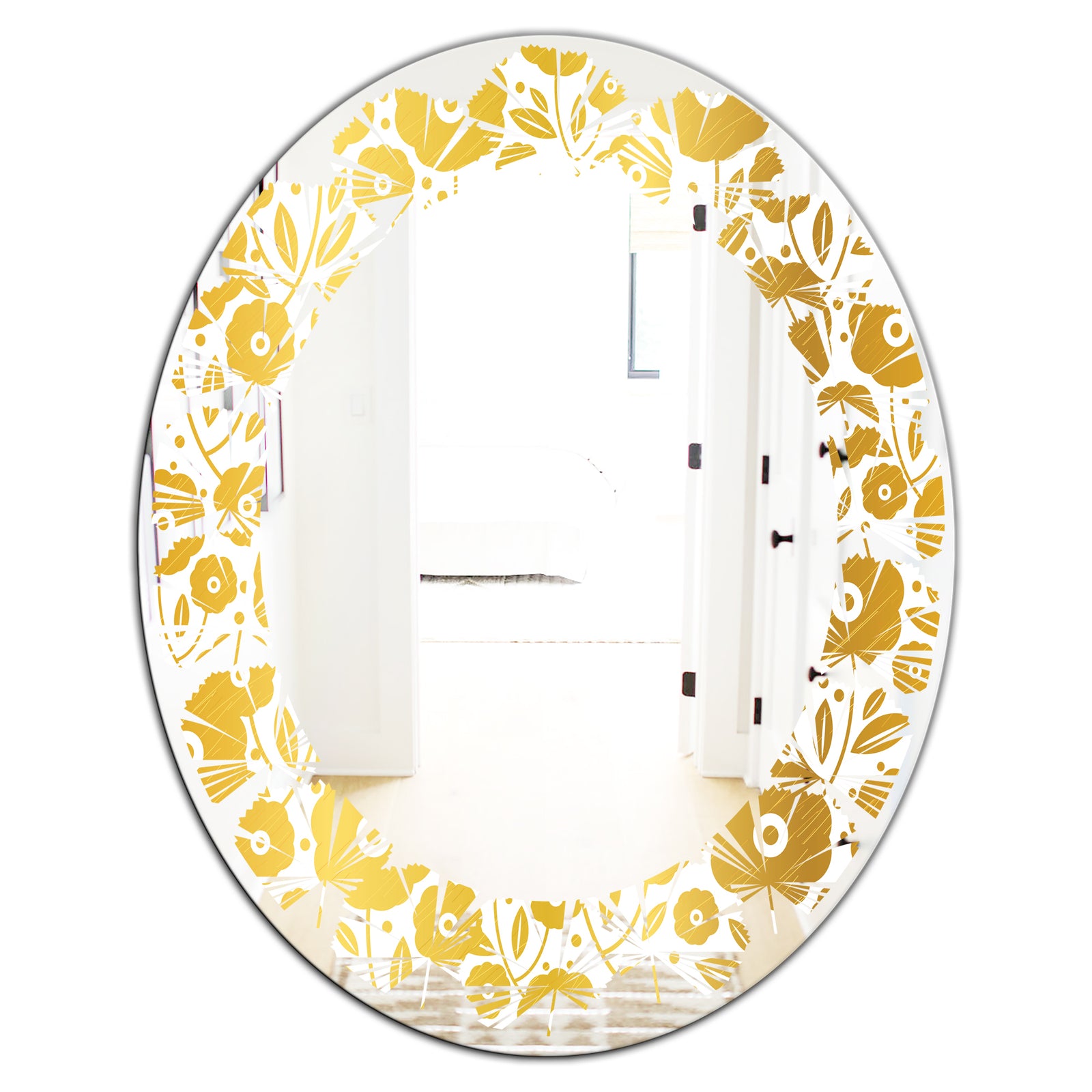 Golden Floral I - Modern Round or Oval Wall Mirror - Leaves