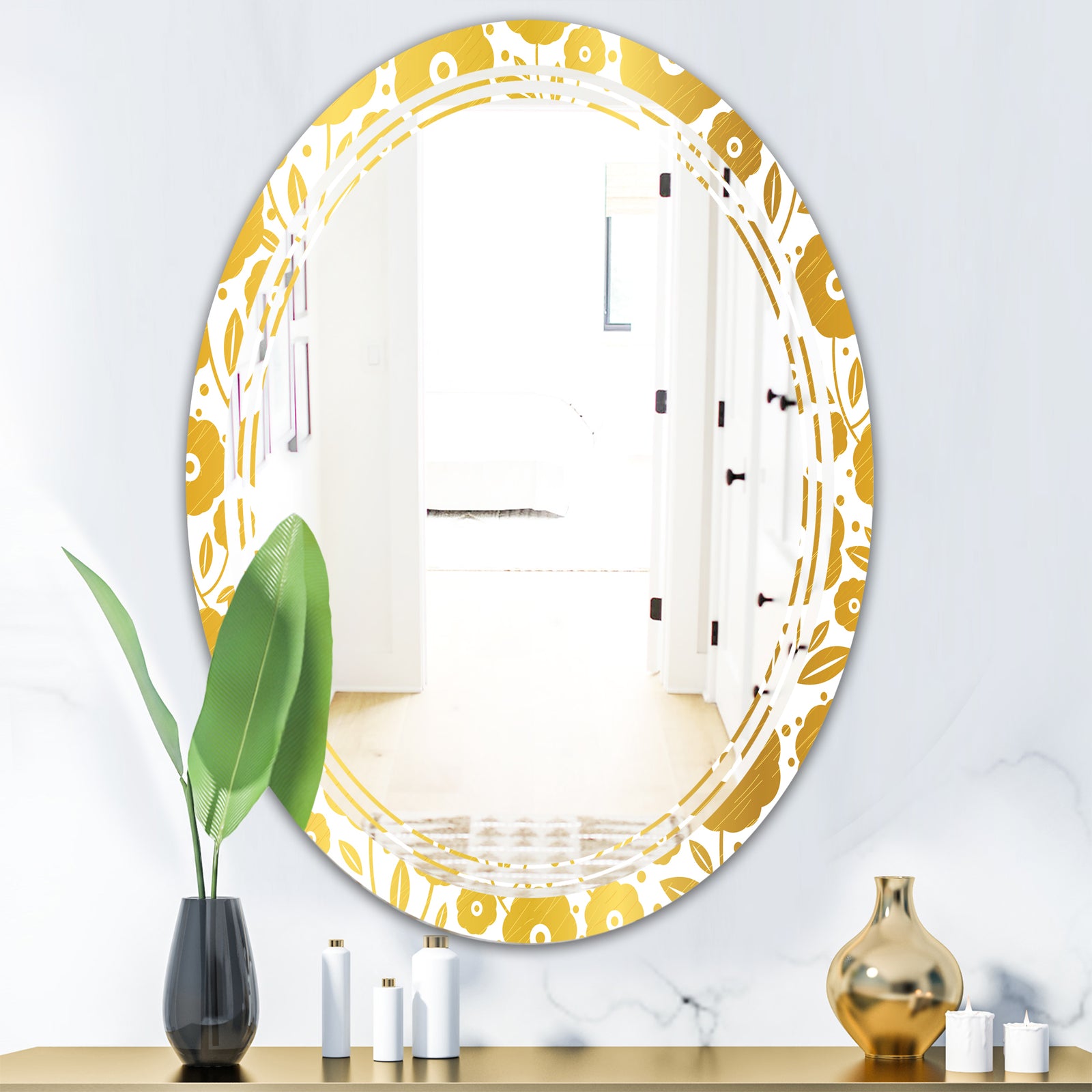 Golden Floral I - Modern Round or Oval Wall Mirror - Triple C