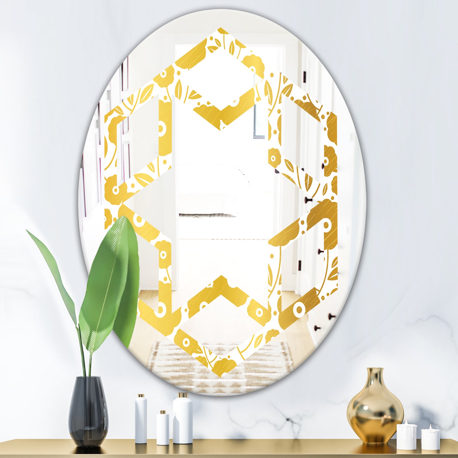 Golden Floral I - Modern Round or Oval Wall Mirror - Hexagon Star