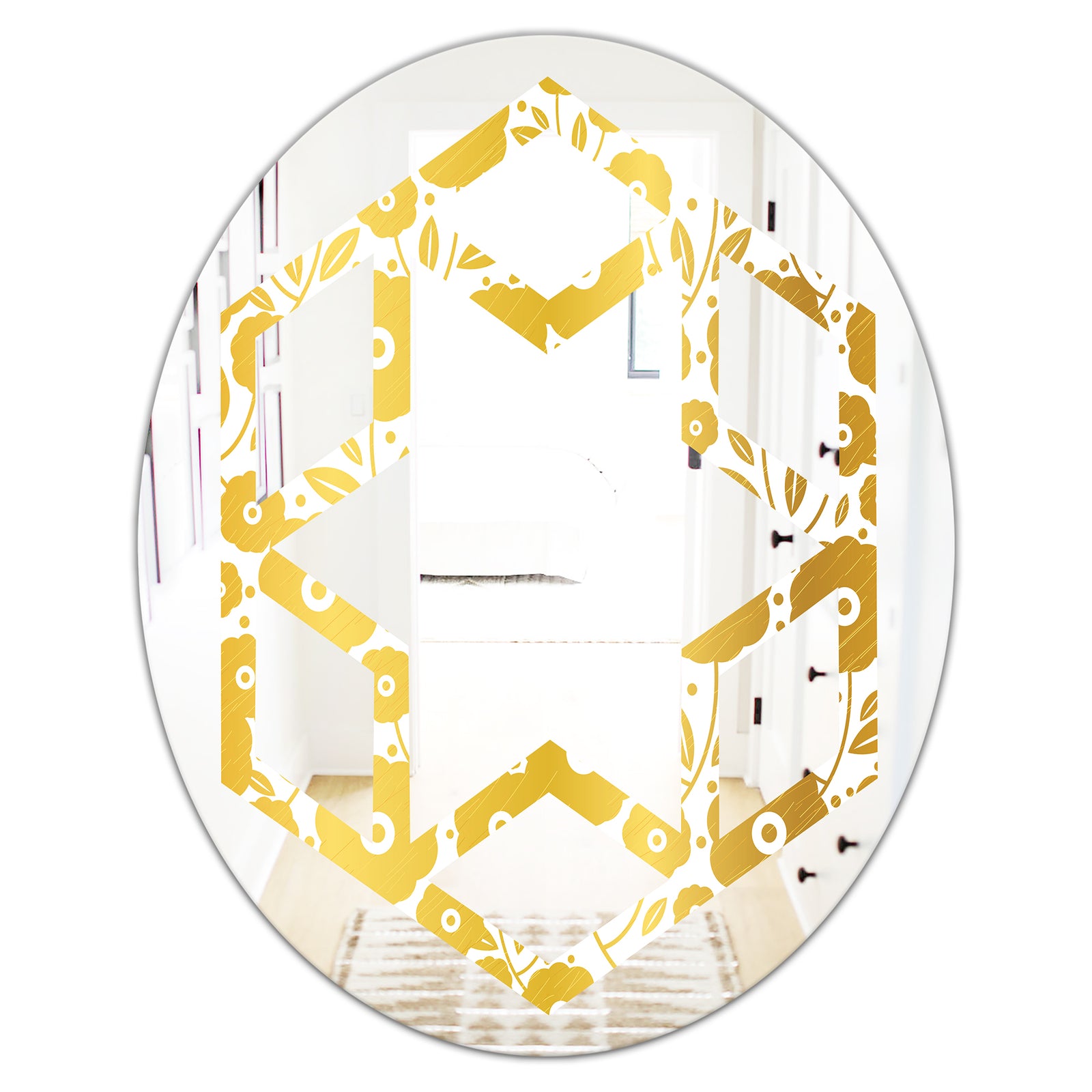 Golden Floral I - Modern Round or Oval Wall Mirror - Hexagon Star