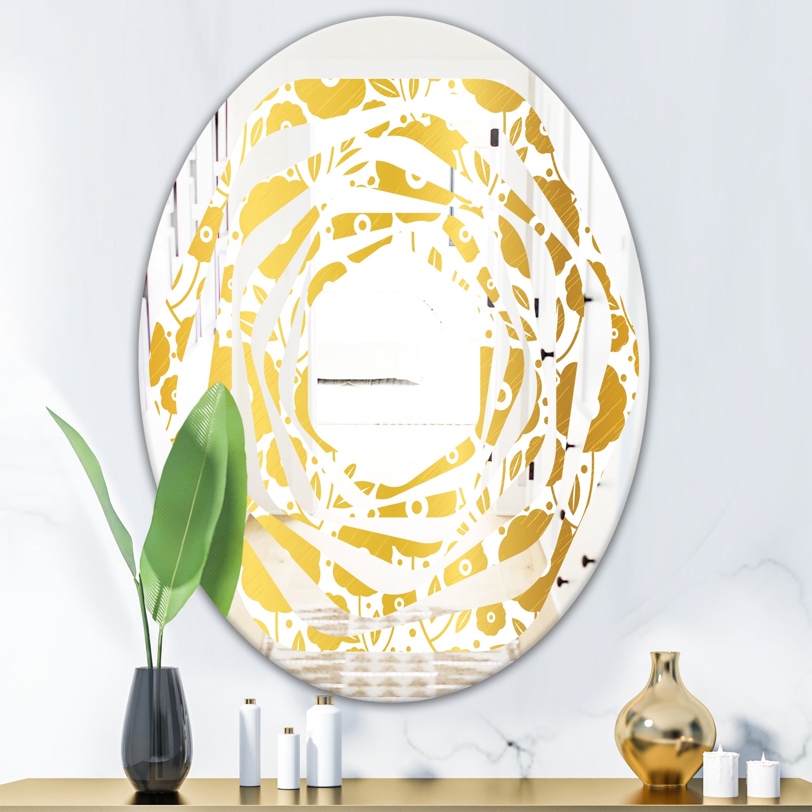 Golden Floral I - Modern Round or Oval Wall Mirror - Whirl