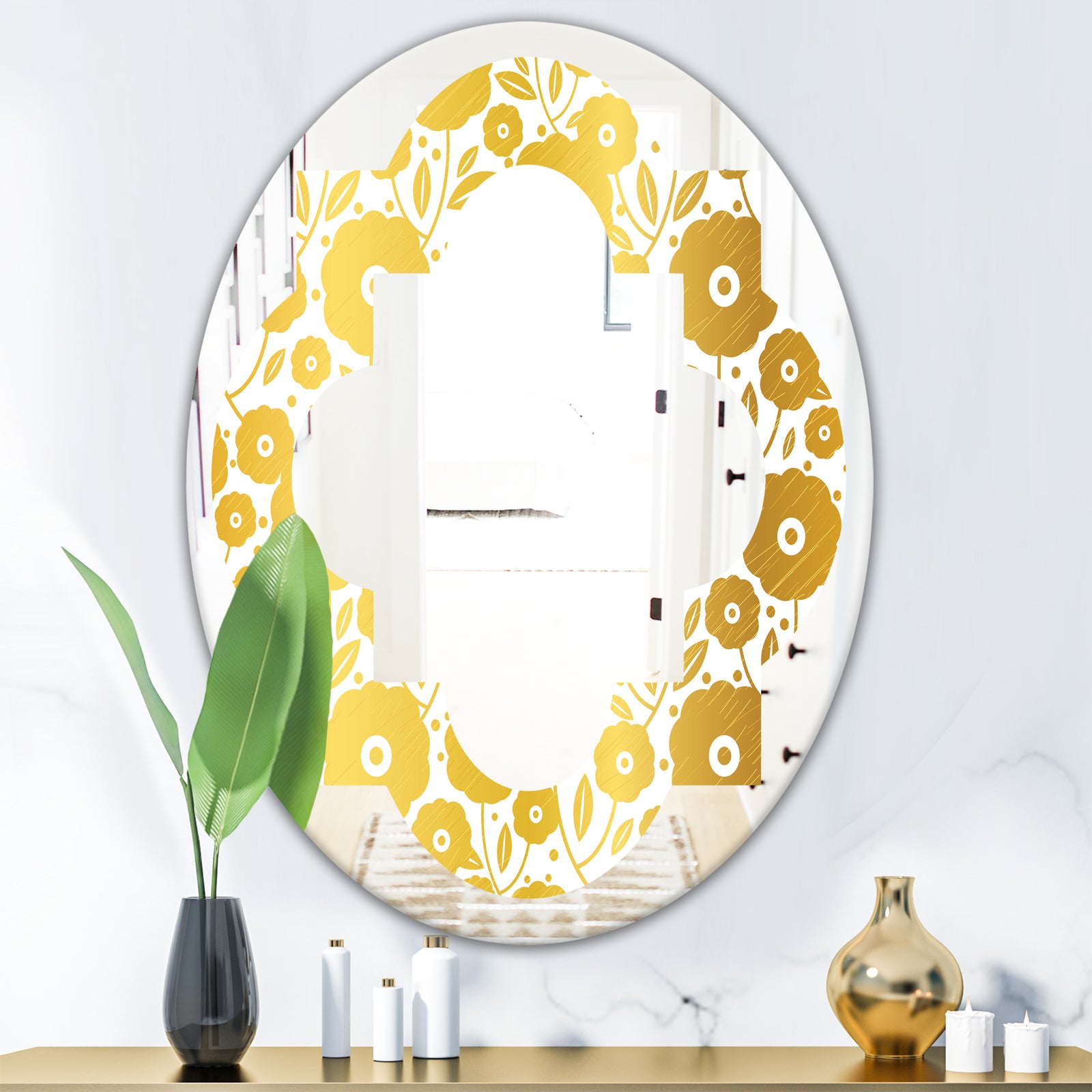 Golden Floral I - Modern Round or Oval Wall Mirror - Quatrefoil