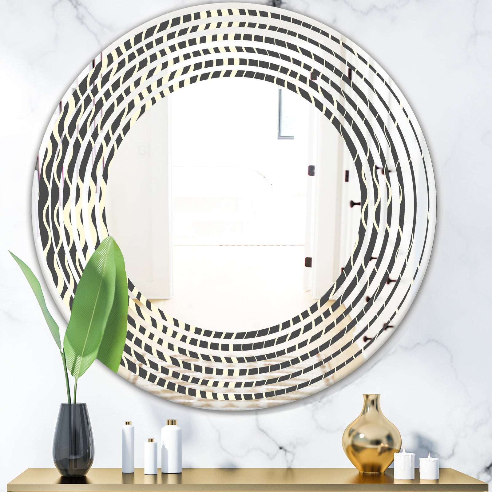 Retro Geometrical Abstract Minimal Pattern V - Modern Round or Oval Wall Mirror - Wave