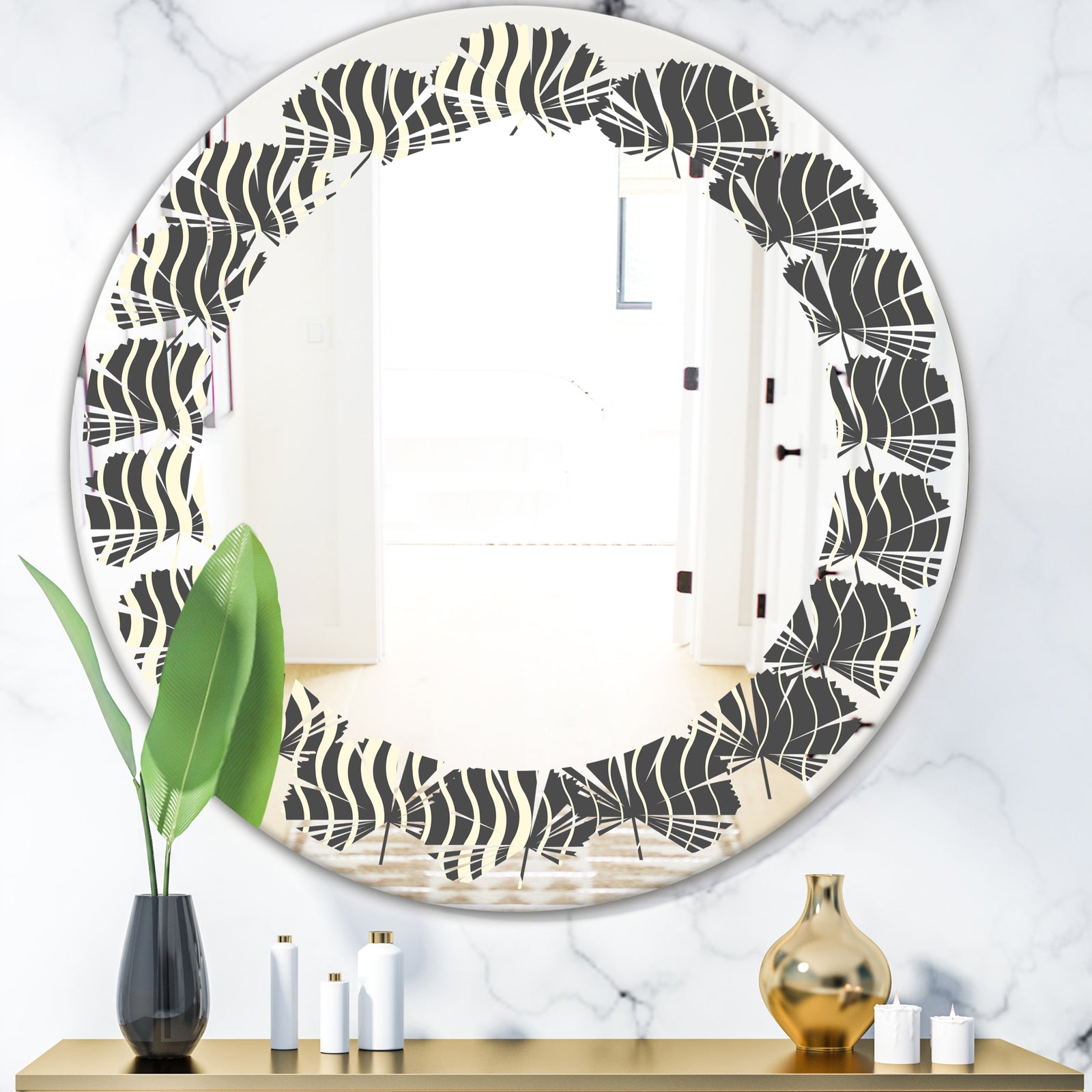 Retro Geometrical Abstract Minimal Pattern V - Modern Round or Oval Wall Mirror - Leaves