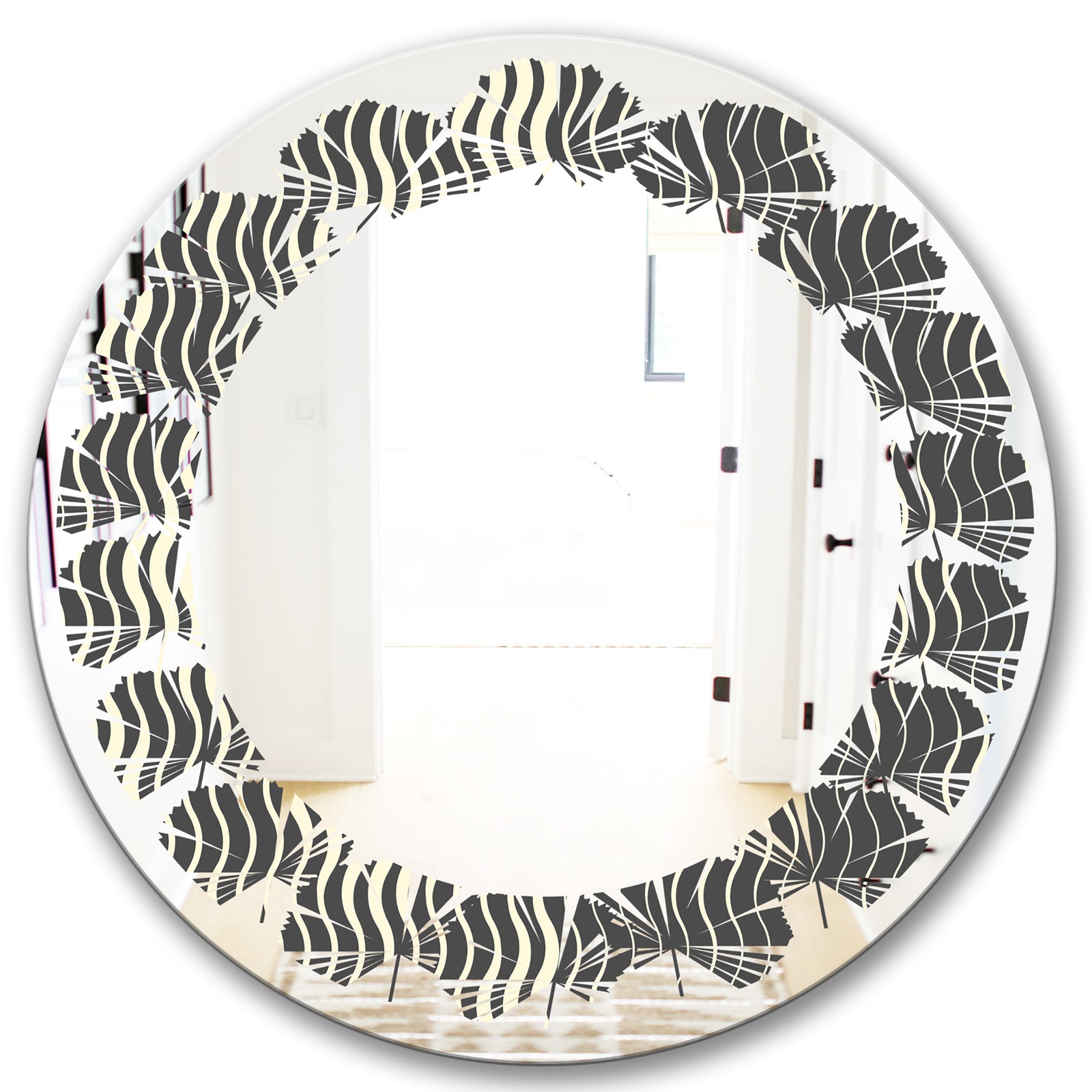 Retro Geometrical Abstract Minimal Pattern V - Modern Round or Oval Wall Mirror - Leaves