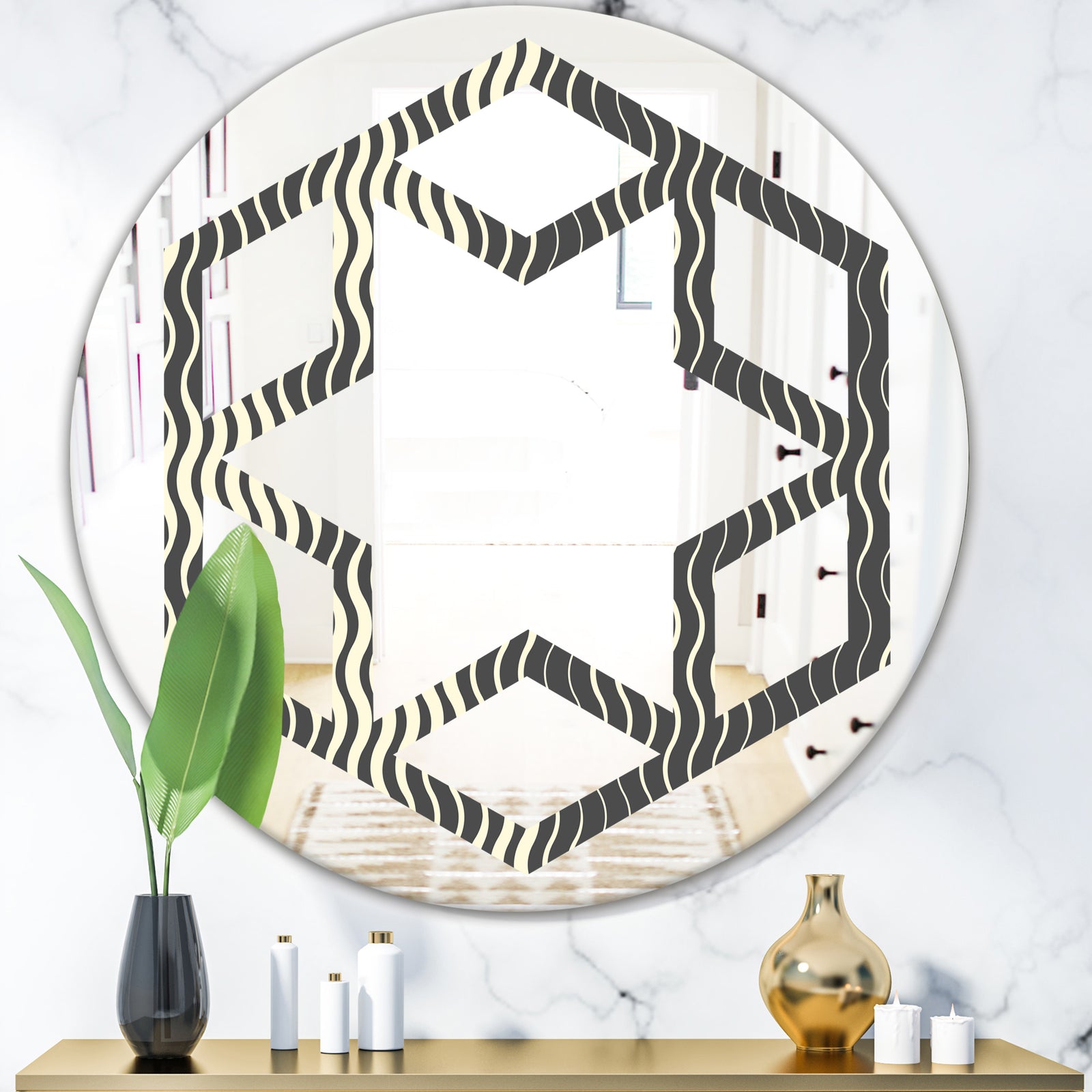 Retro Geometrical Abstract Minimal Pattern V - Modern Round or Oval Wall Mirror - Hexagon Star