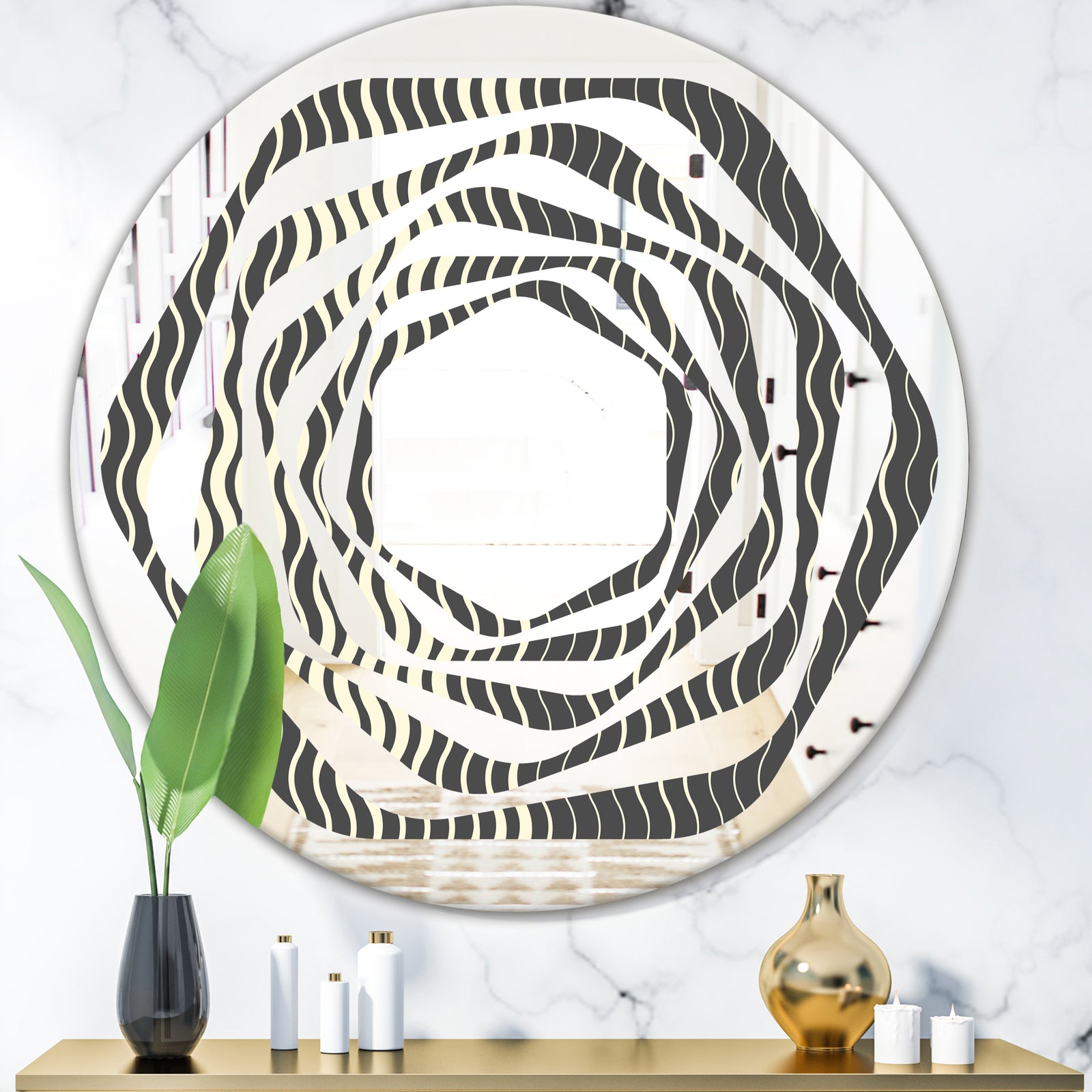 Retro Geometrical Abstract Minimal Pattern V - Modern Round or Oval Wall Mirror - Whirl