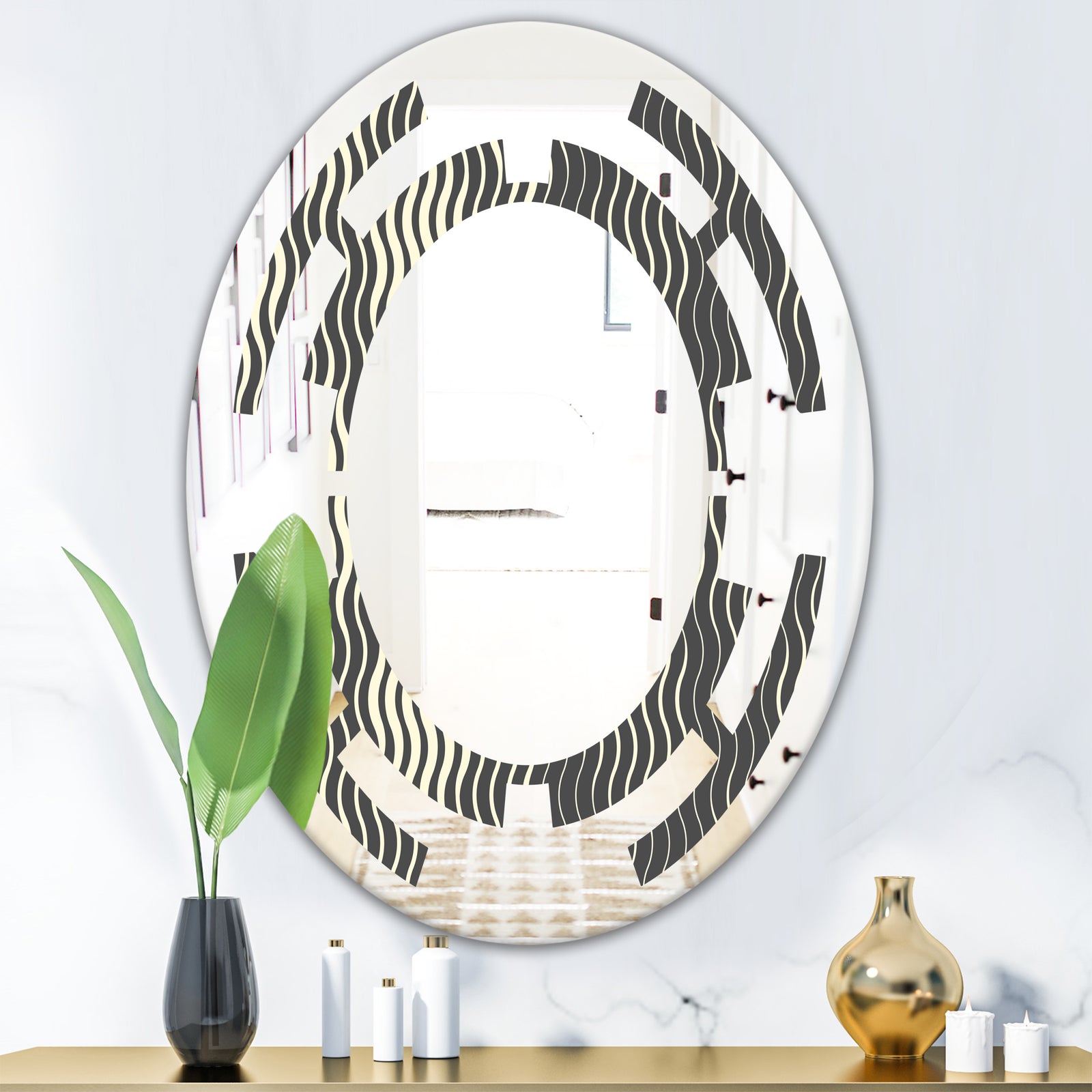 Retro Geometrical Abstract Minimal Pattern V - Modern Round or Oval Wall Mirror - Space