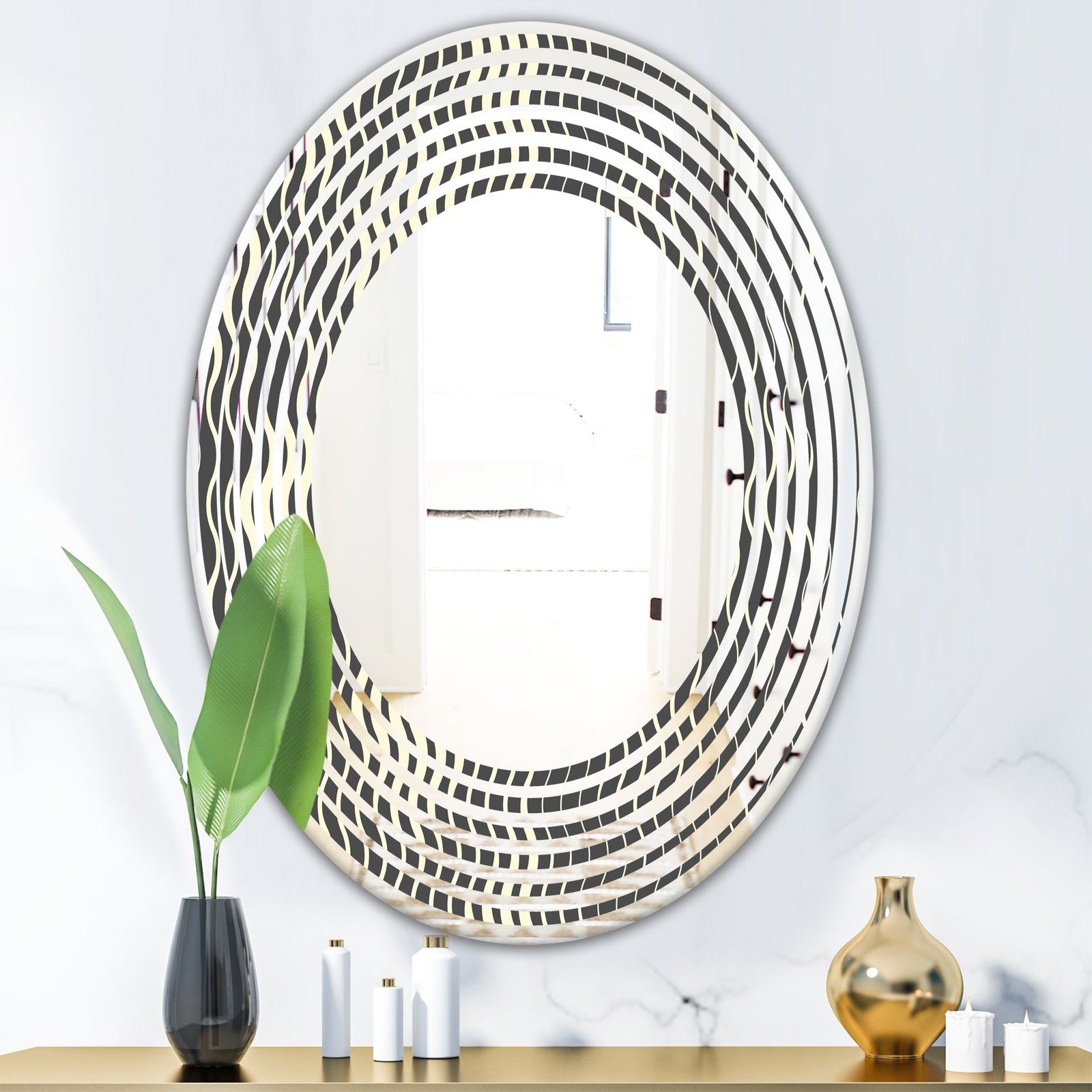 Retro Geometrical Abstract Minimal Pattern V - Modern Round or Oval Wall Mirror - Wave