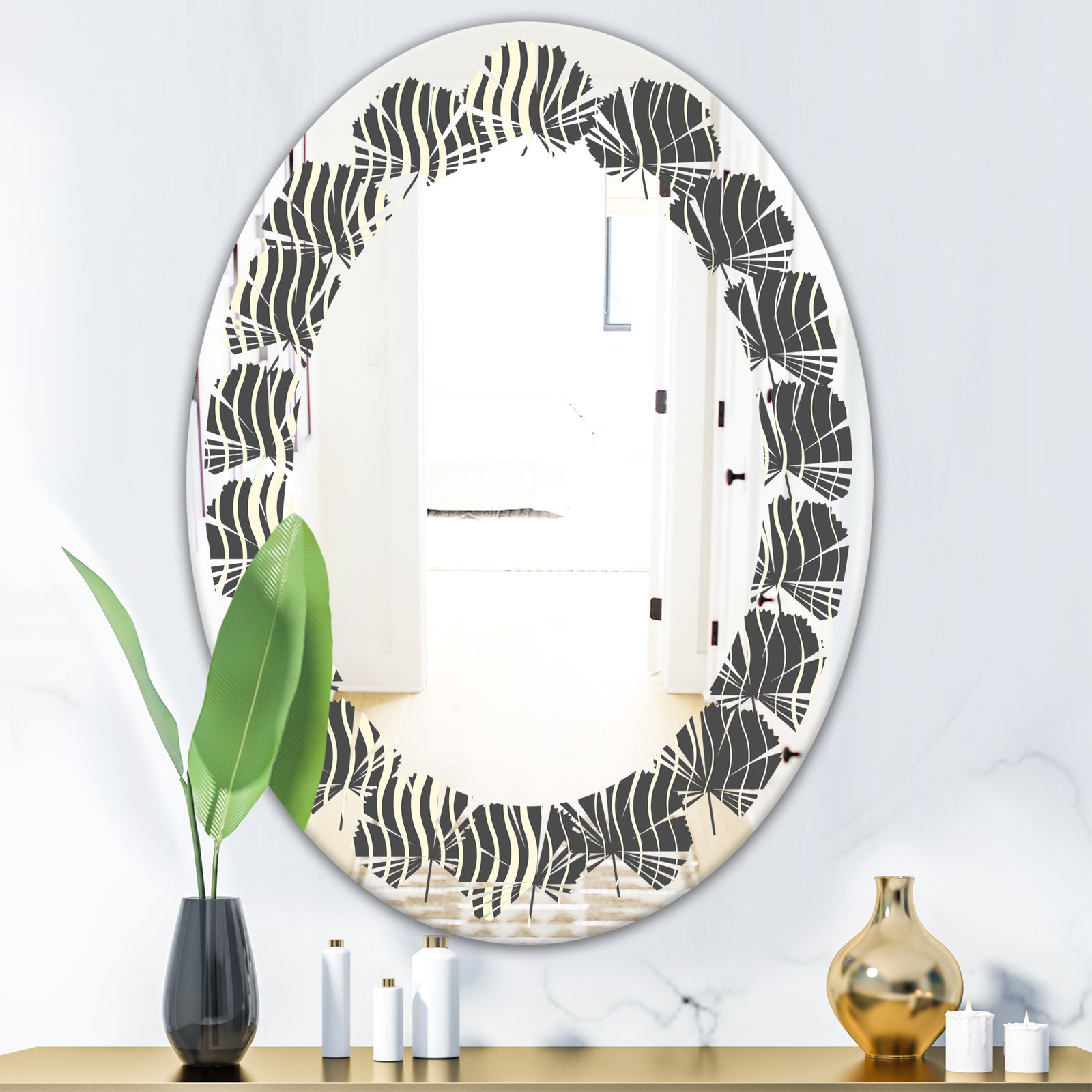 Retro Geometrical Abstract Minimal Pattern V - Modern Round or Oval Wall Mirror - Leaves
