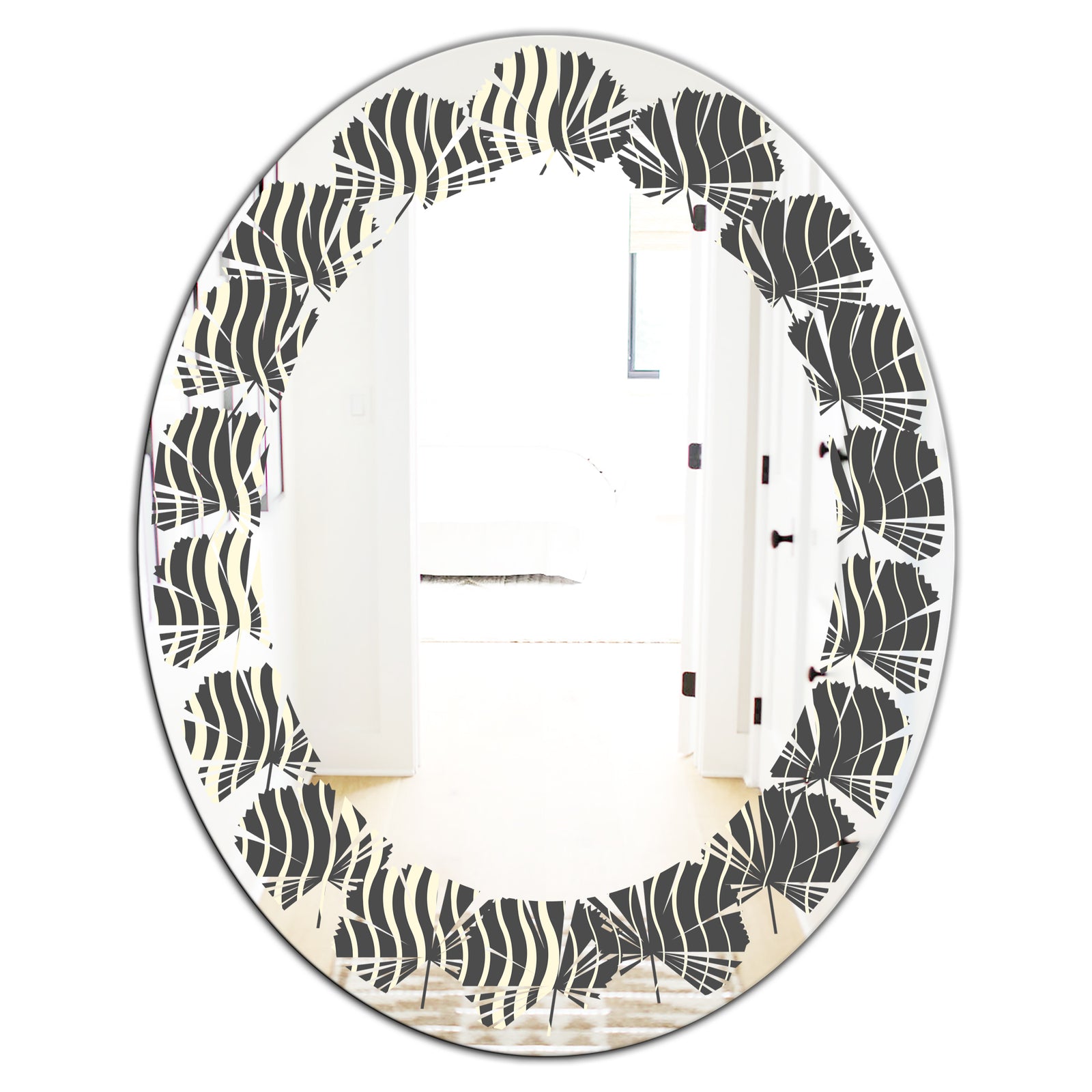 Retro Geometrical Abstract Minimal Pattern V - Modern Round or Oval Wall Mirror - Leaves