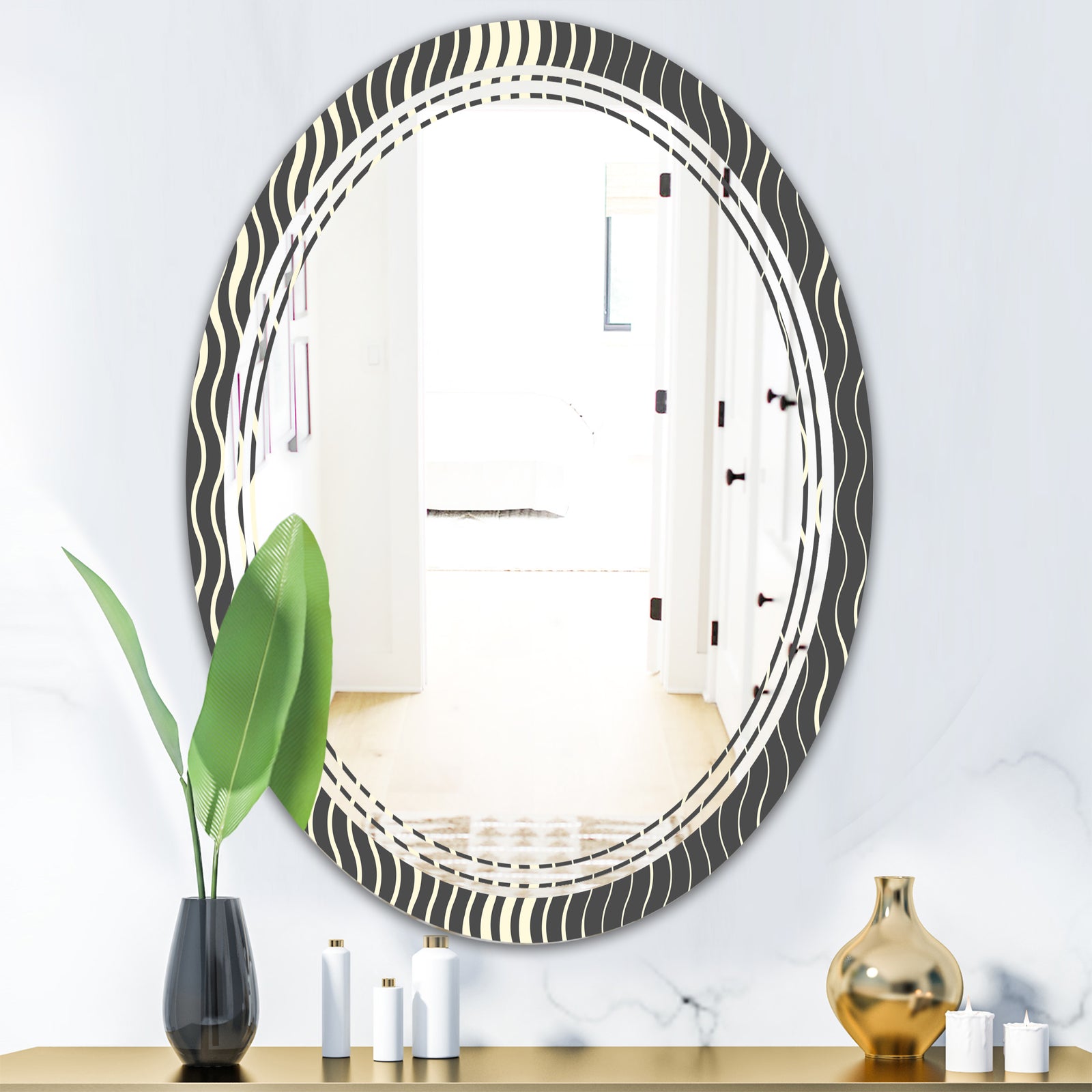 Retro Geometrical Abstract Minimal Pattern V - Modern Round or Oval Wall Mirror - Triple C