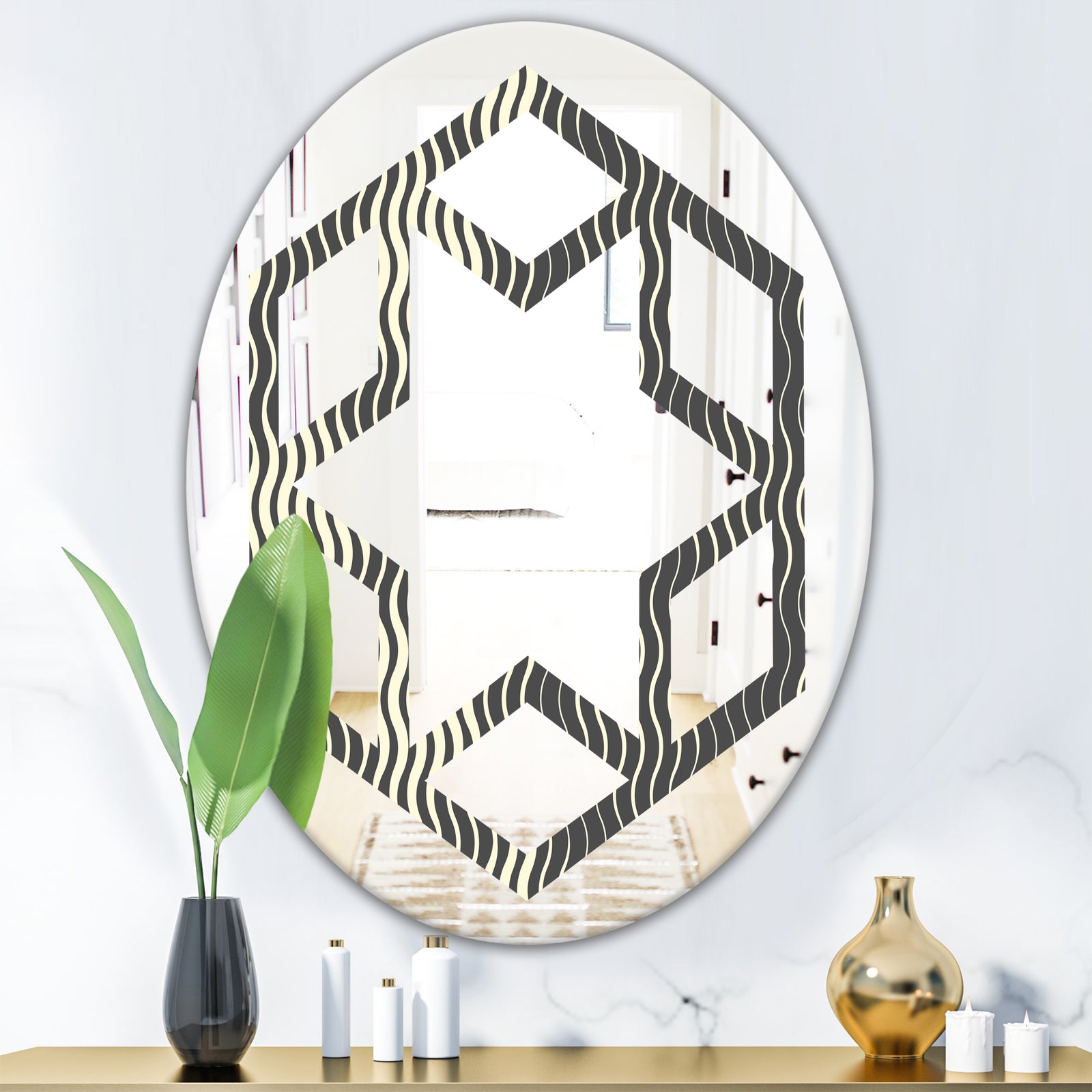 Retro Geometrical Abstract Minimal Pattern V - Modern Round or Oval Wall Mirror - Hexagon Star