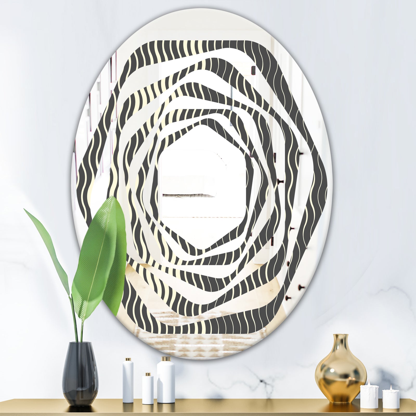 Retro Geometrical Abstract Minimal Pattern V - Modern Round or Oval Wall Mirror - Whirl