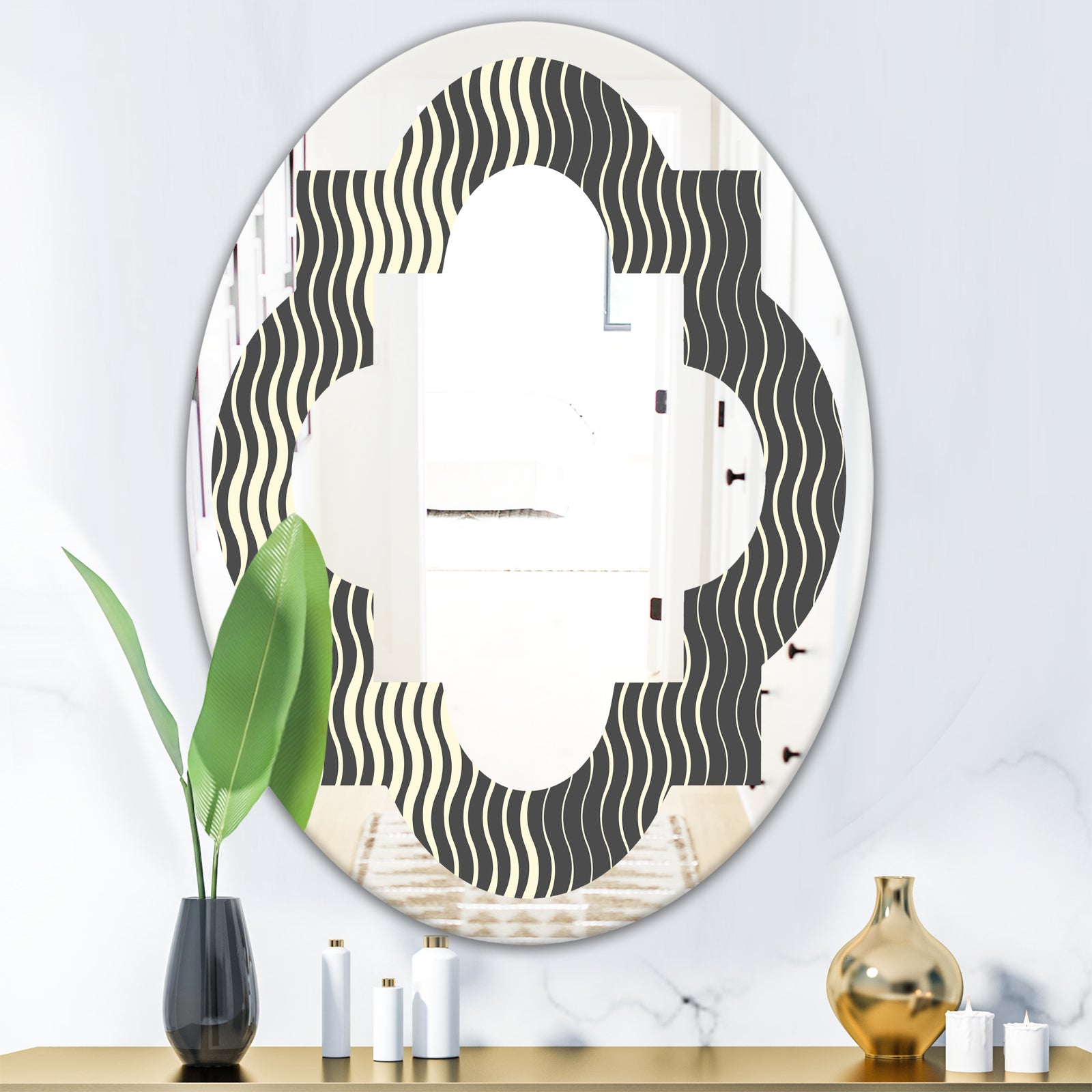 Retro Geometrical Abstract Minimal Pattern V - Modern Round or Oval Wall Mirror - Quatrefoil