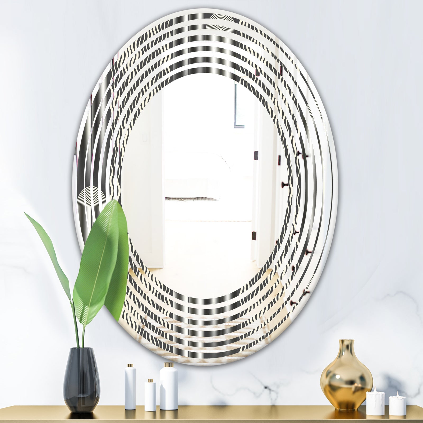 Mimimal Black and White Design II - Modern Round or Oval Wall Mirror - Wave