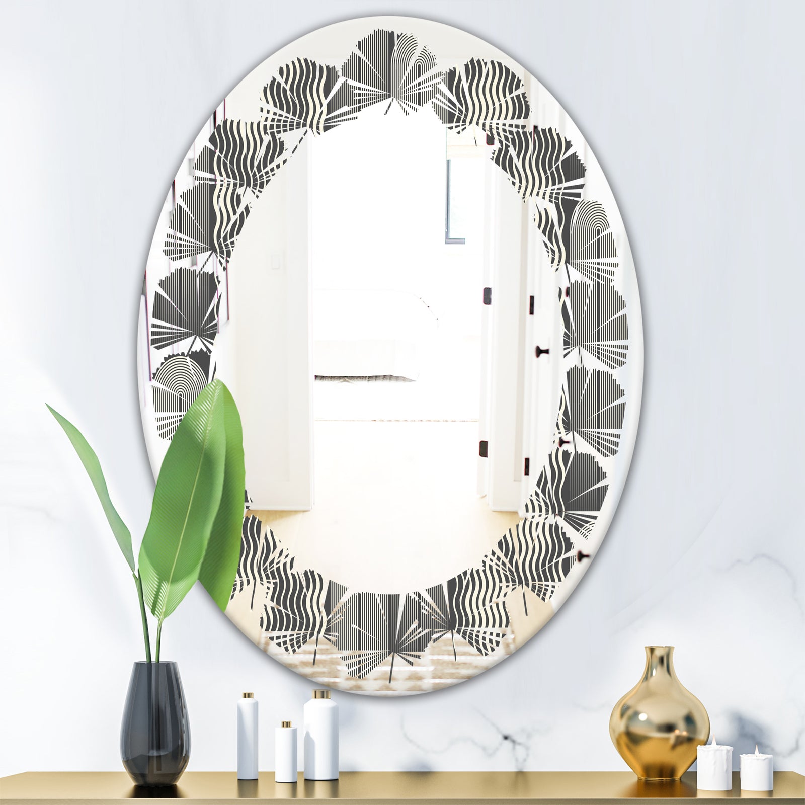 Mimimal Black and White Design II - Modern Round or Oval Wall Mirror - Leaves