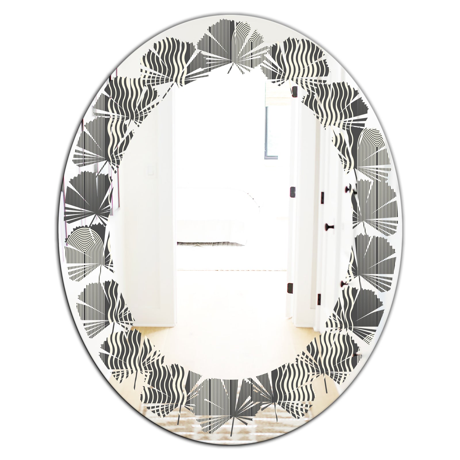 Mimimal Black and White Design II - Modern Round or Oval Wall Mirror - Leaves