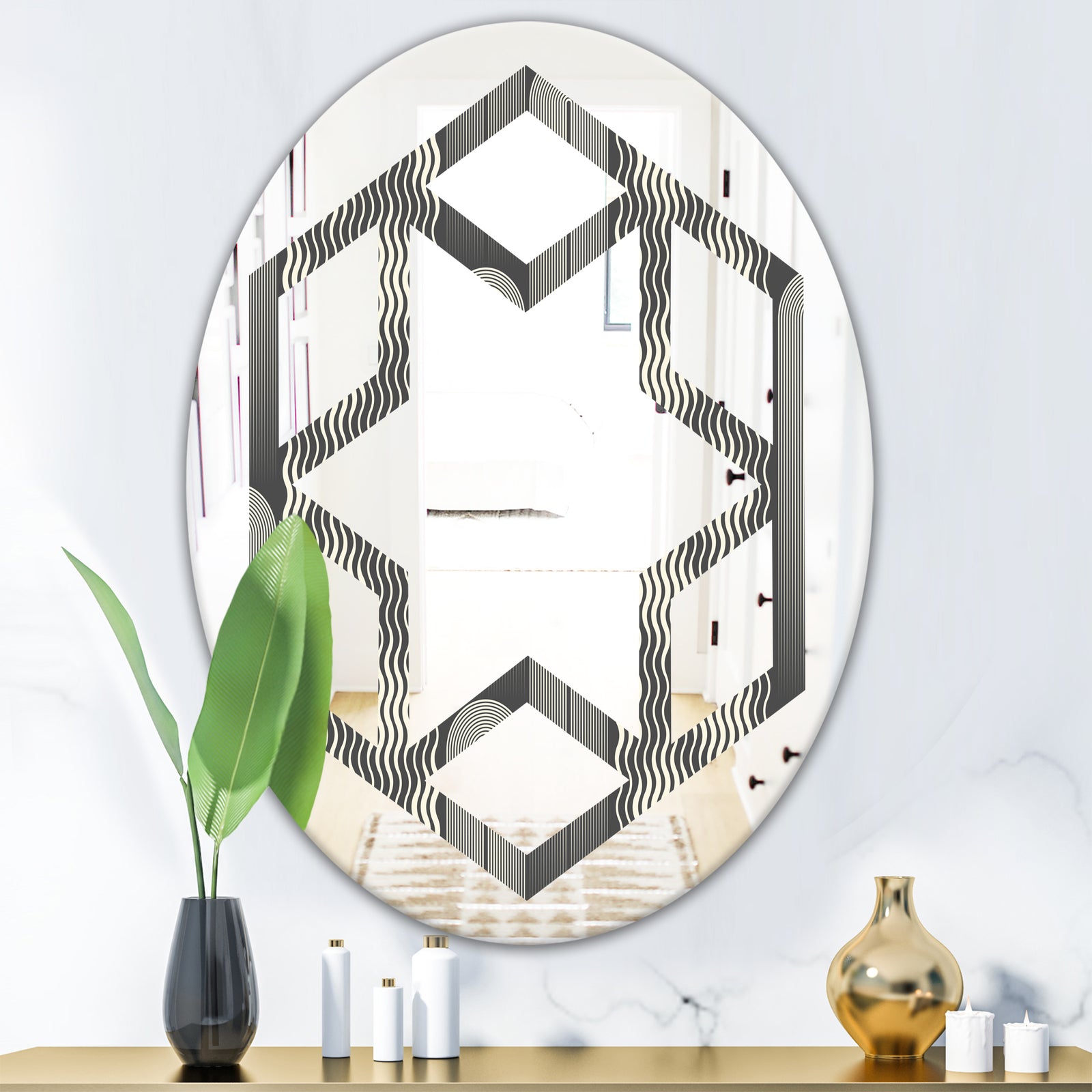 Mimimal Black and White Design II - Modern Round or Oval Wall Mirror - Hexagon Star