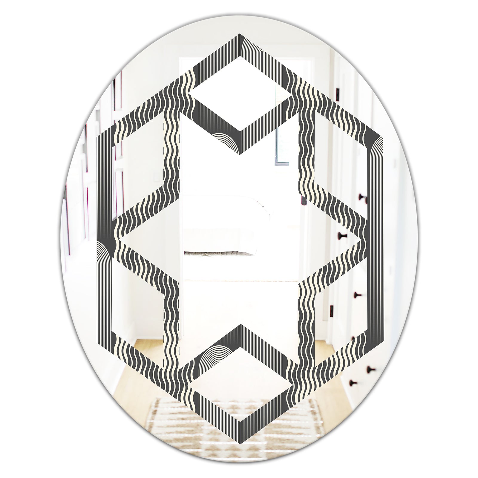 Mimimal Black and White Design II - Modern Round or Oval Wall Mirror - Hexagon Star