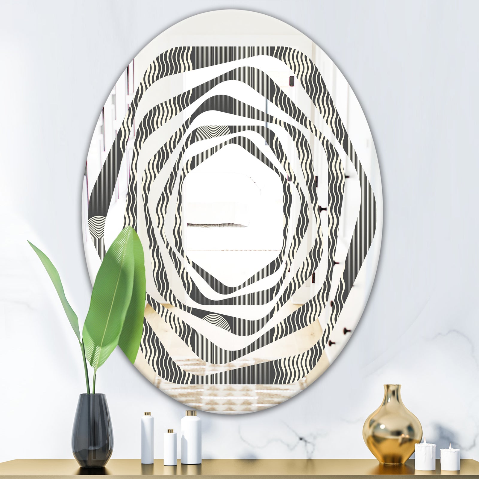 Mimimal Black and White Design II - Modern Round or Oval Wall Mirror - Whirl
