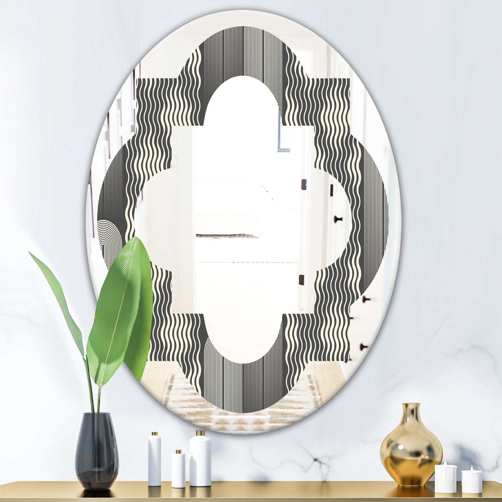Mimimal Black and White Design II - Modern Round or Oval Wall Mirror - Quatrefoil