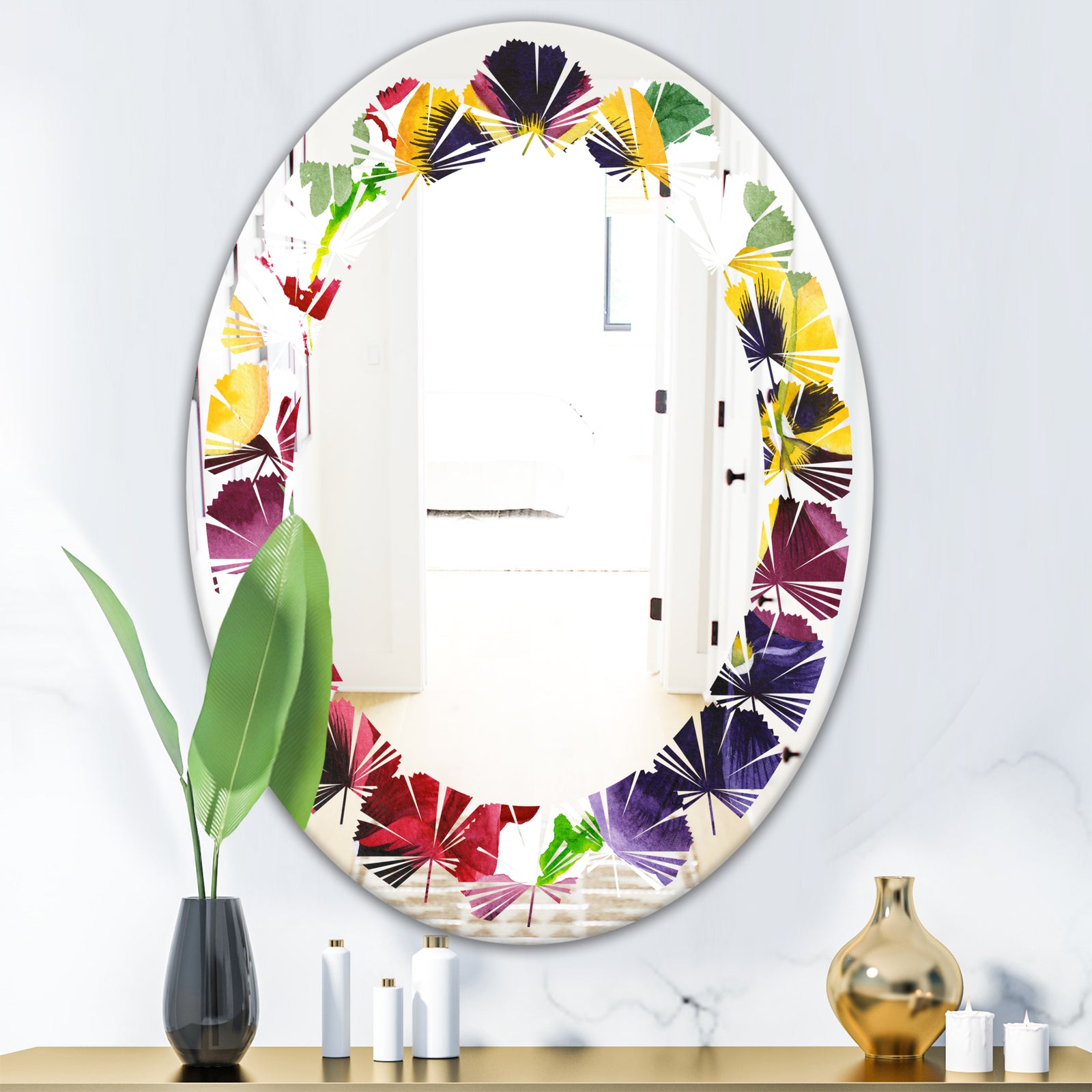 Floral Botanical Retro VIII - Modern Round or Oval Wall Mirror - Leaves