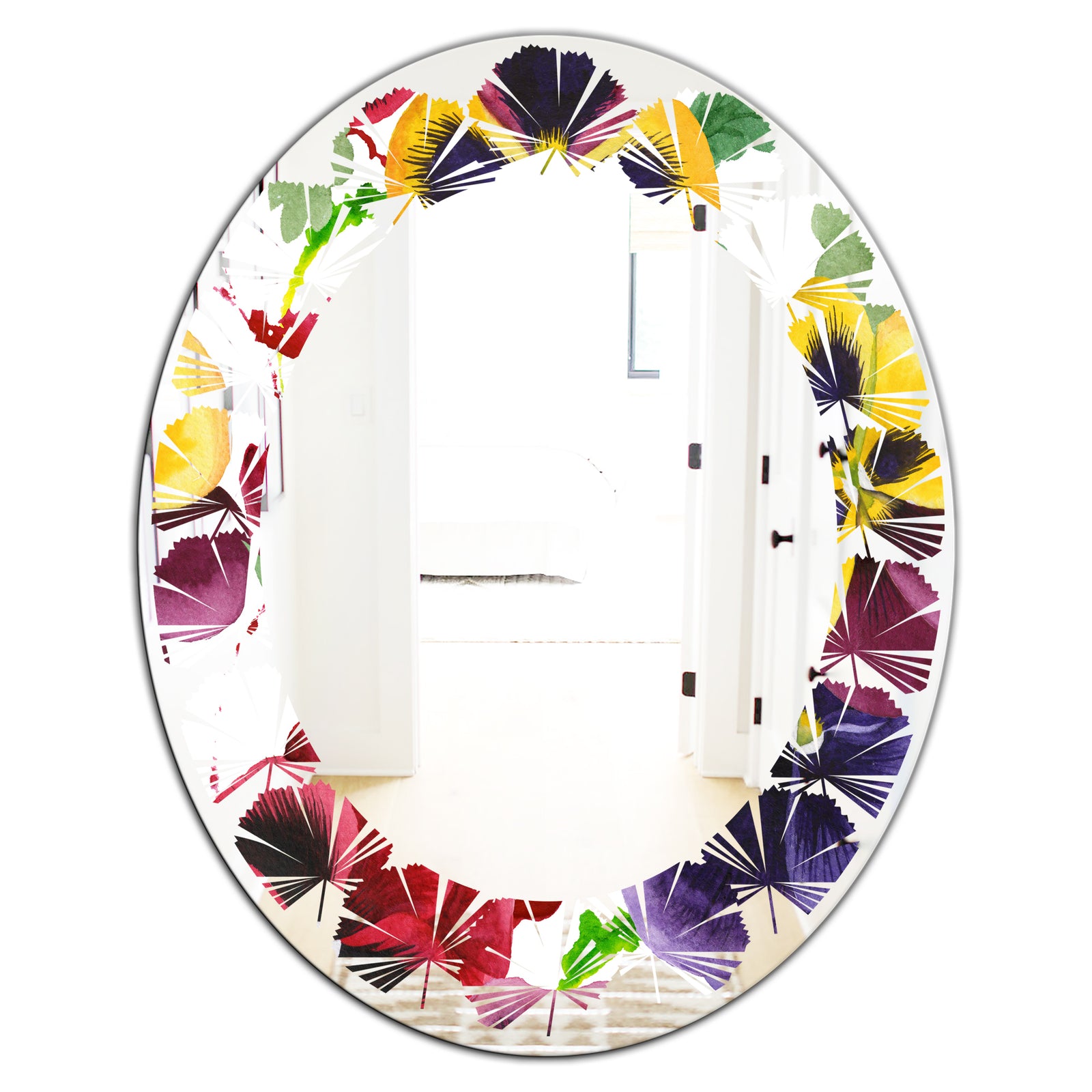 Floral Botanical Retro VIII - Modern Round or Oval Wall Mirror - Leaves