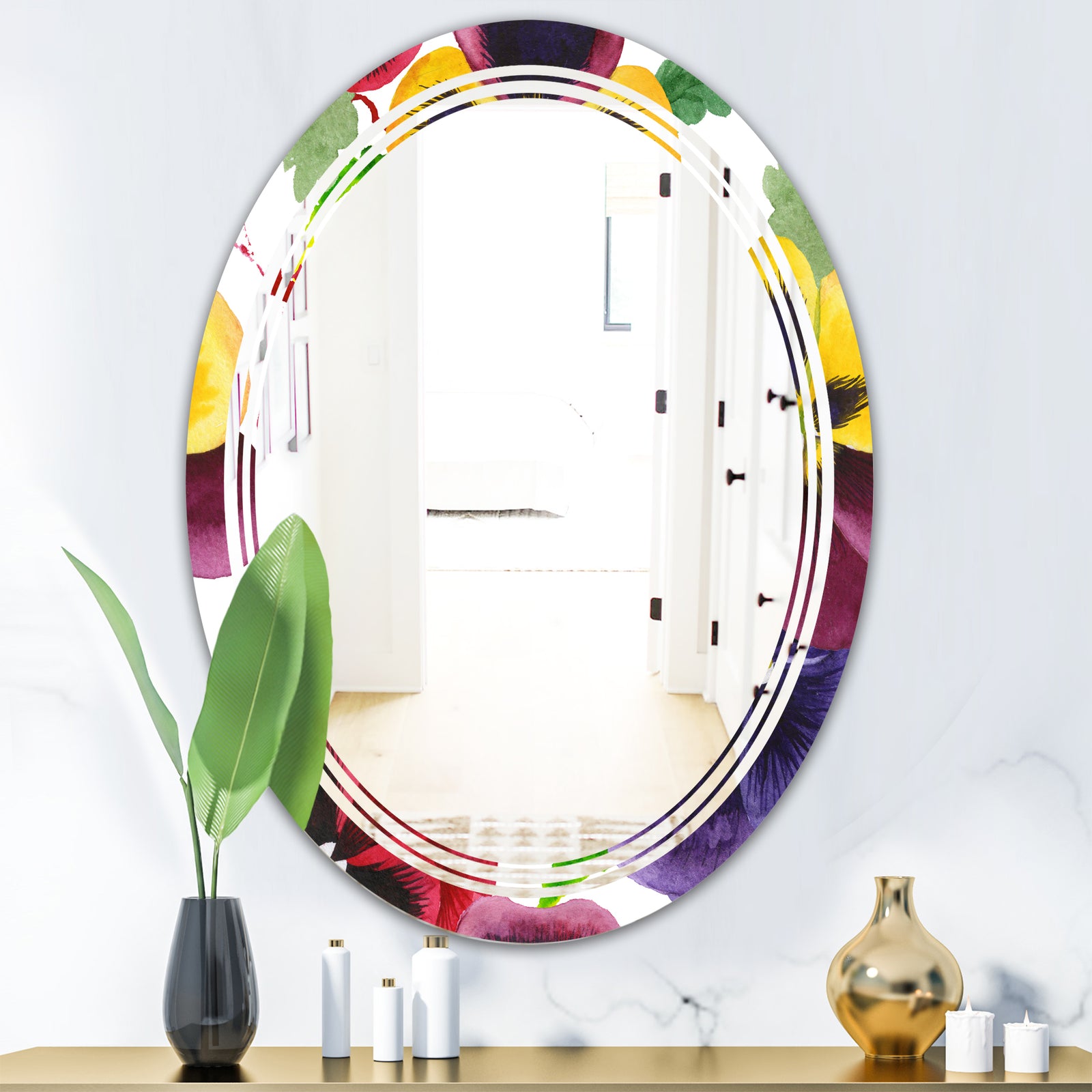 Floral Botanical Retro VIII - Modern Round or Oval Wall Mirror - Triple C