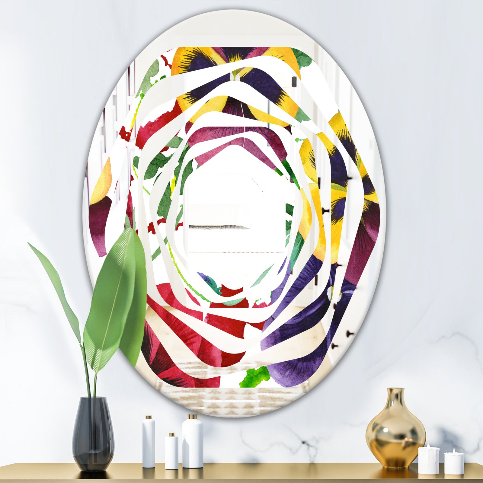 Floral Botanical Retro VIII - Modern Round or Oval Wall Mirror - Whirl