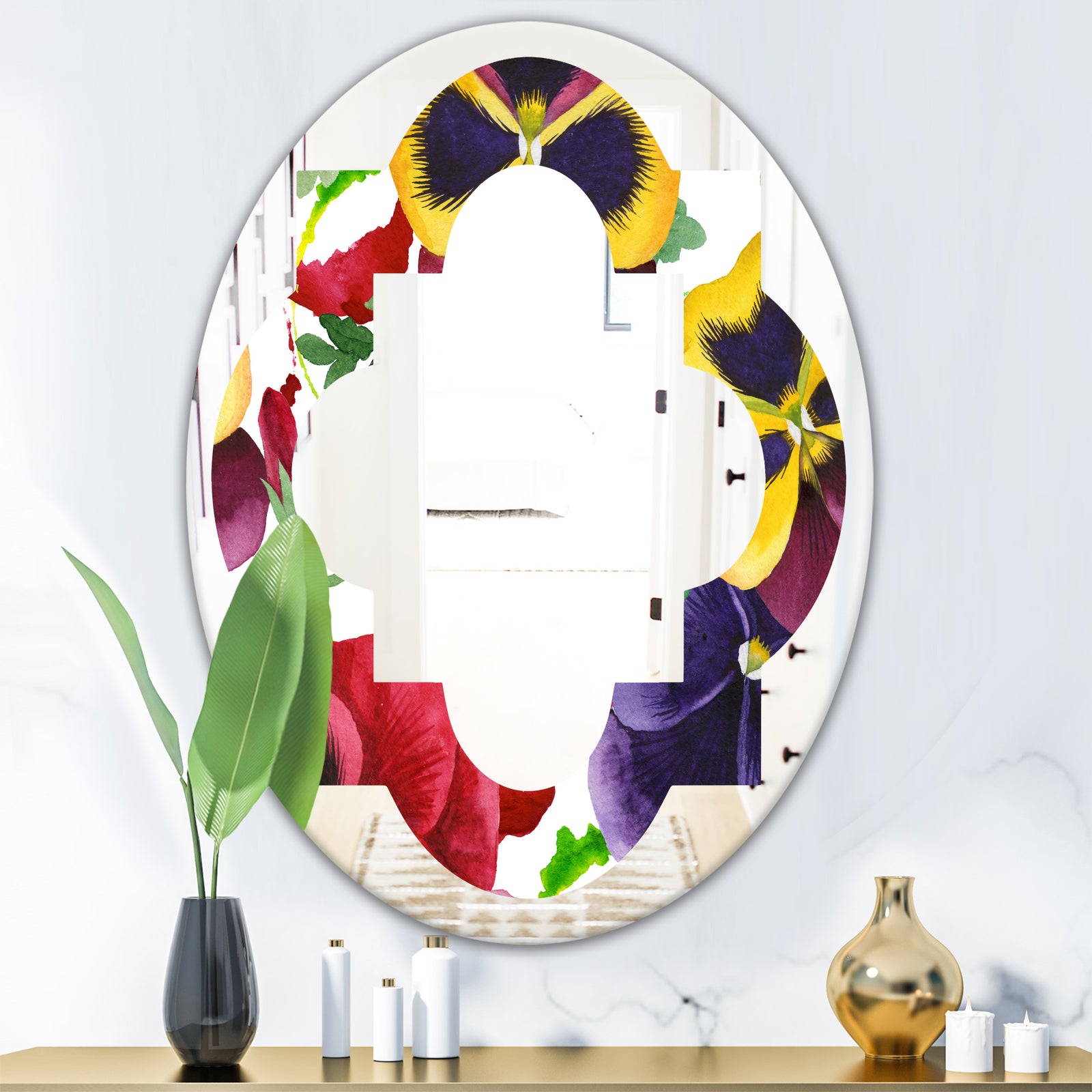 Floral Botanical Retro VIII - Modern Round or Oval Wall Mirror - Quatrefoil