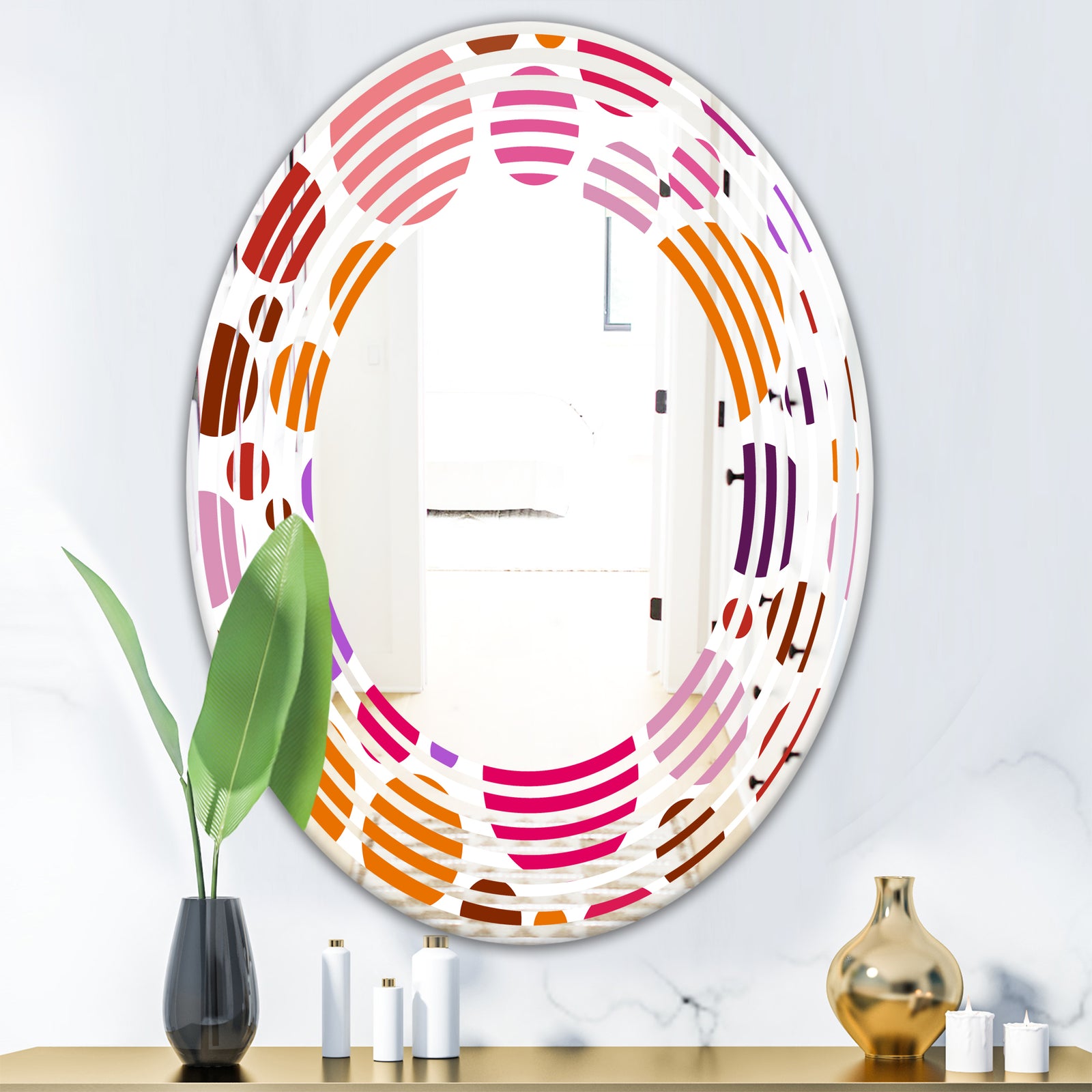 Abstract Geometric Circular Retro II - Modern Round or Oval Wall Mirror - Wave