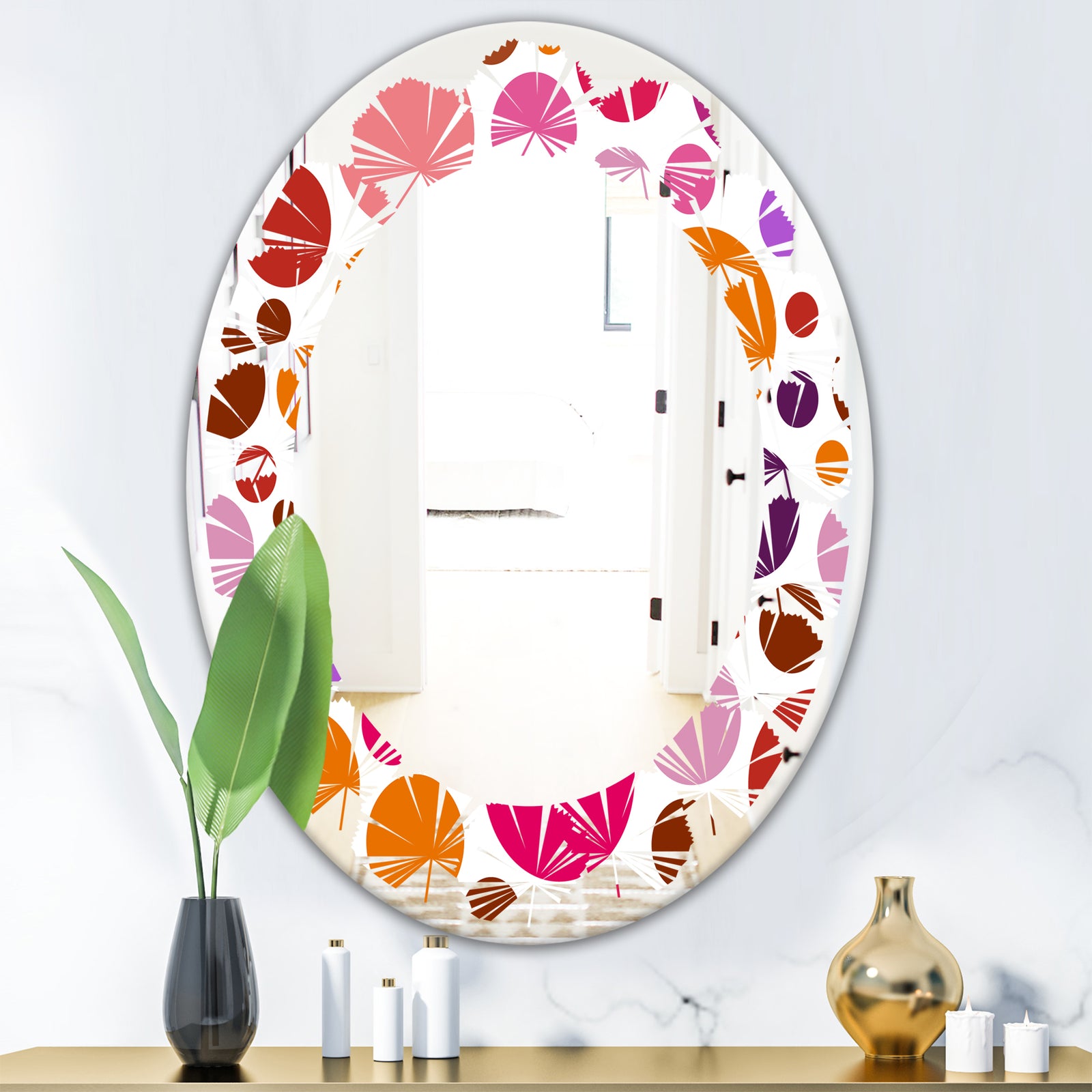 Abstract Geometric Circular Retro II - Modern Round or Oval Wall Mirror - Leaves