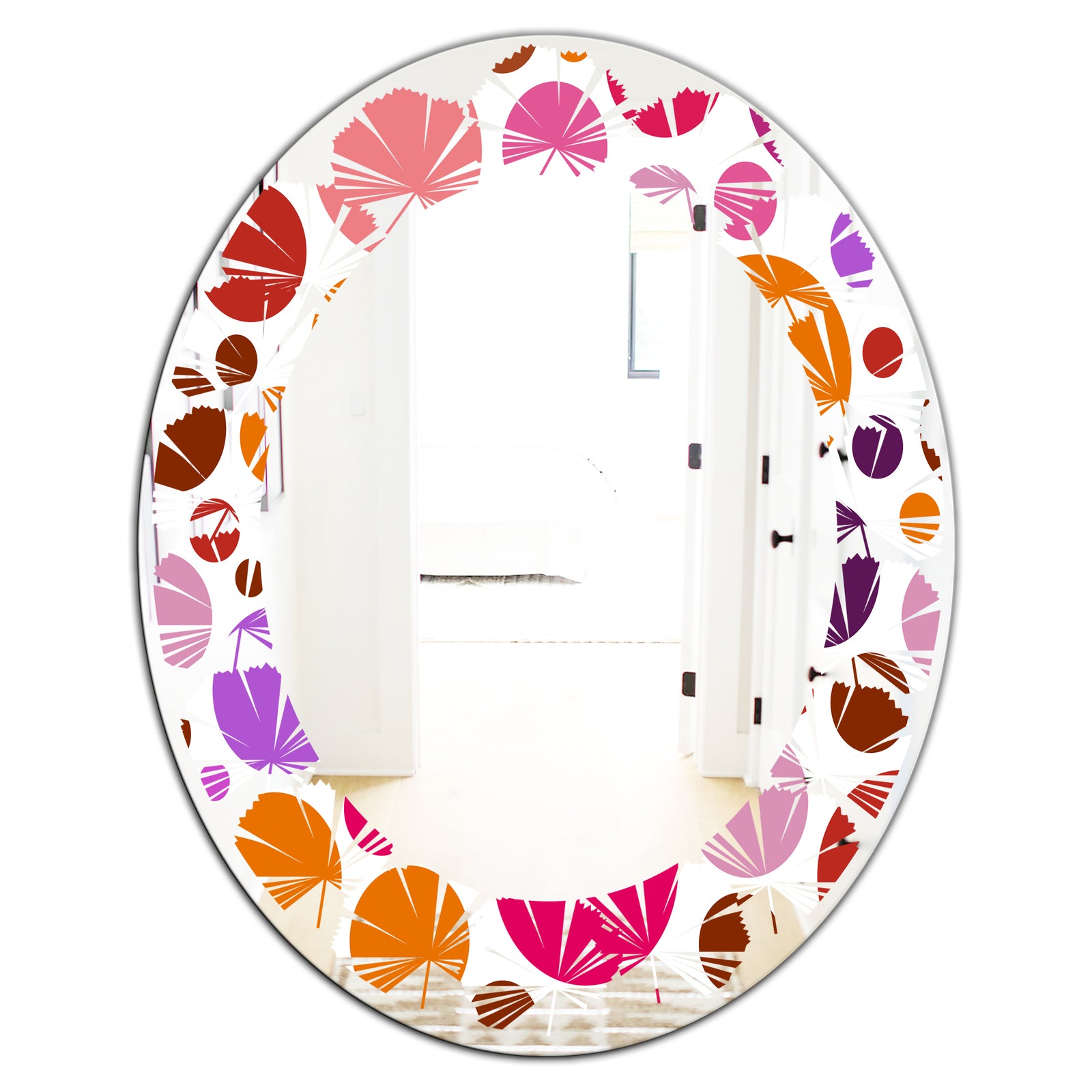 Abstract Geometric Circular Retro II - Modern Round or Oval Wall Mirror - Leaves