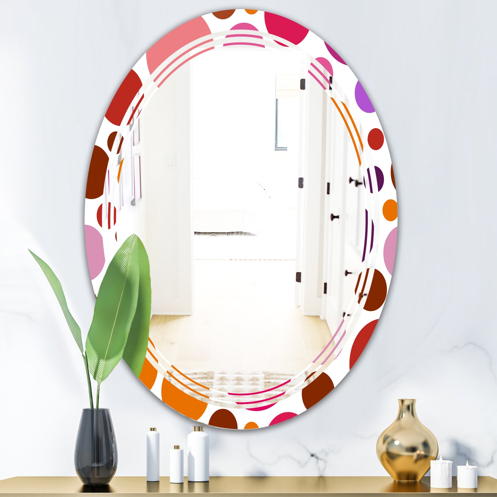 Abstract Geometric Circular Retro II - Modern Round or Oval Wall Mirror - Triple C