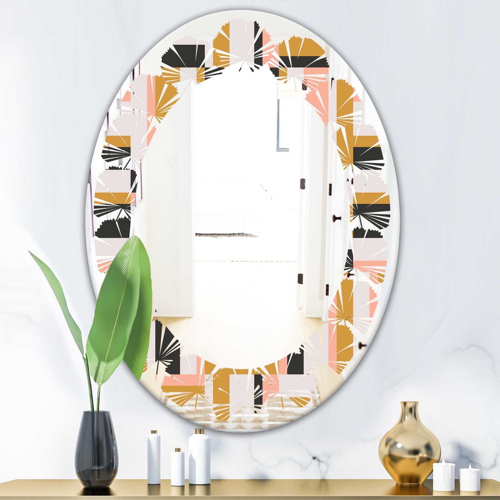 Abstract Retro Geometric IX - Modern Round or Oval Wall Mirror - Leaves